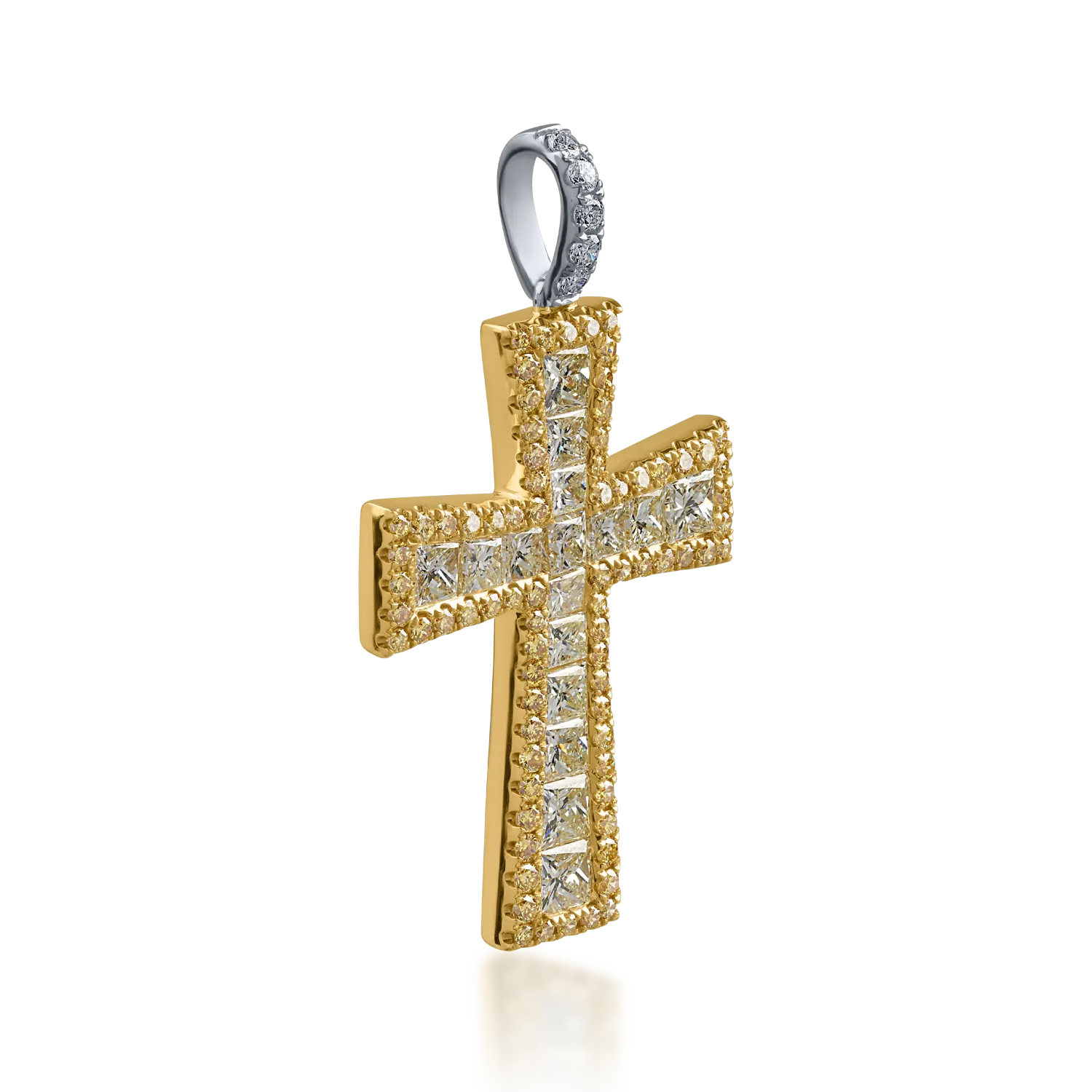 Fehér-sárga arany keresztes medál 2.5ct sárga gyémántokkal és 0.08ct tiszta gyémántokkal