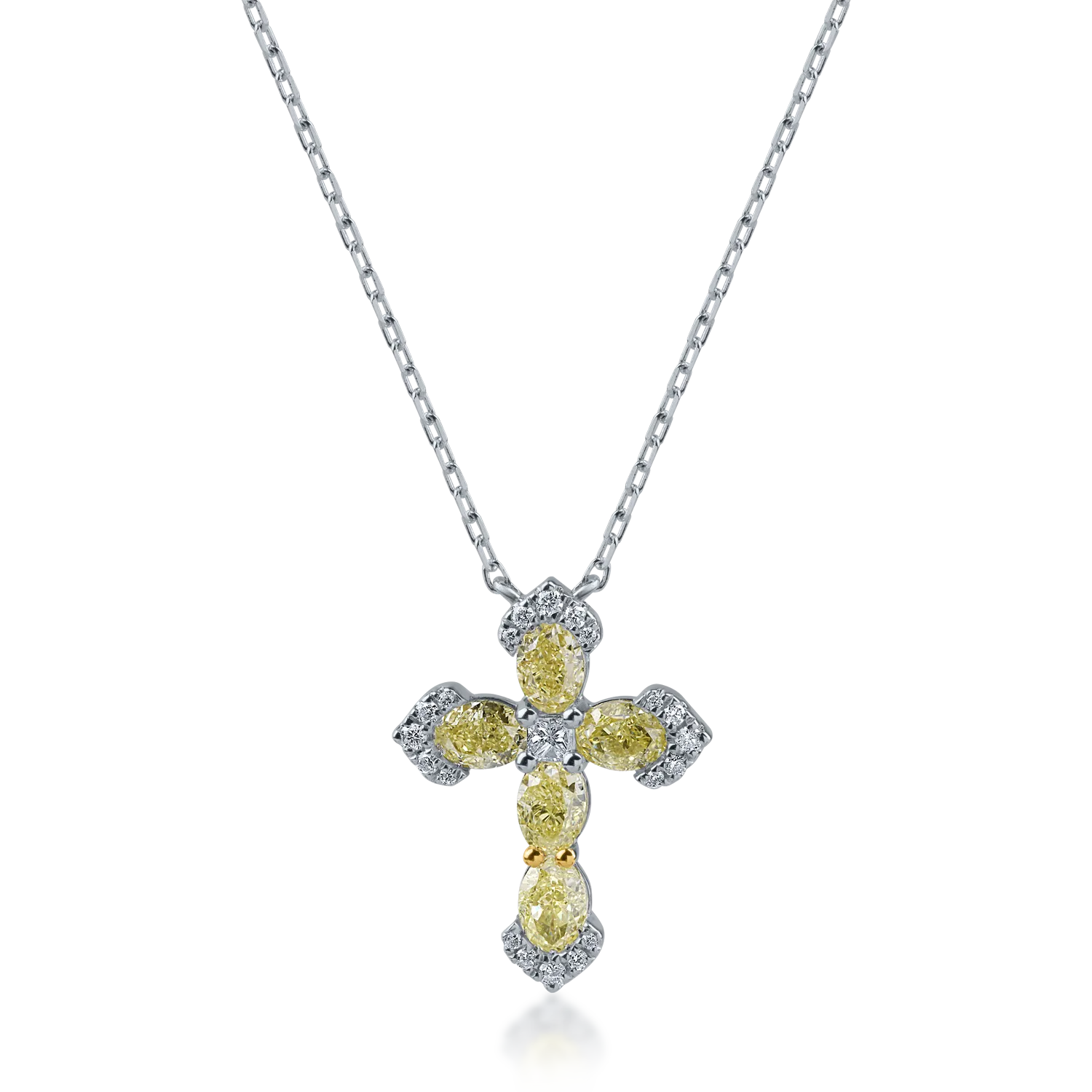 Fehérarany keresztes medál nyaklánc 1.25ct sárga gyémántokkal és 0.13ct tiszta gyémántokkal