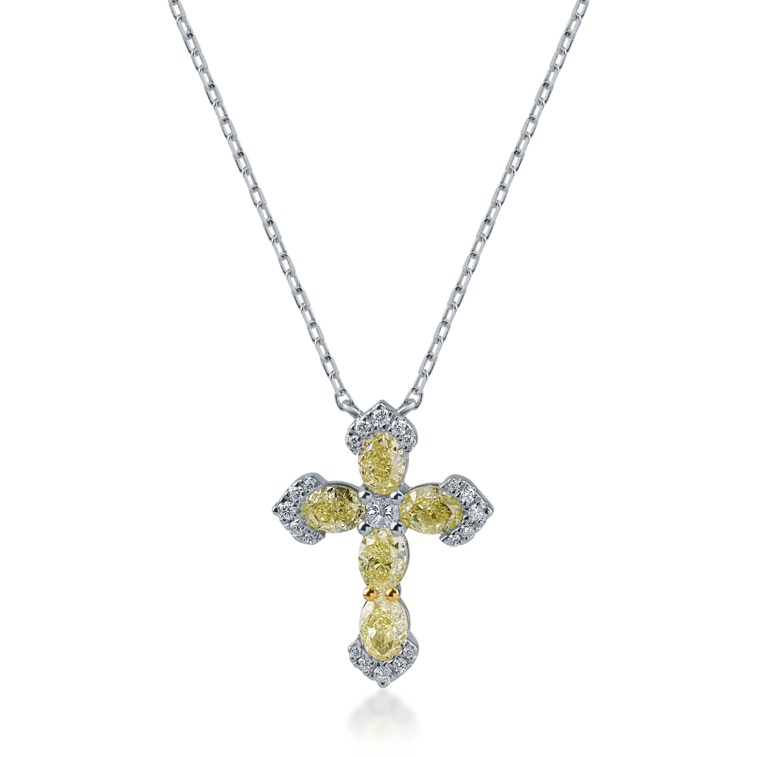 Lant cu pandantiv cruce din aur alb cu diamante galbene ovale de 1.25ct si diamante incolore princess si rotunde de 0.13ct