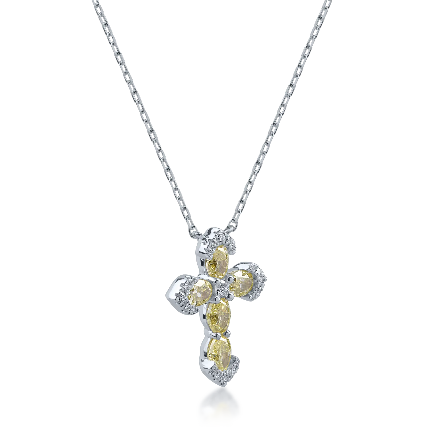 Lant cu pandantiv cruce din aur alb cu diamante galbene de 1.25ct si diamante transparente de 0.13ct