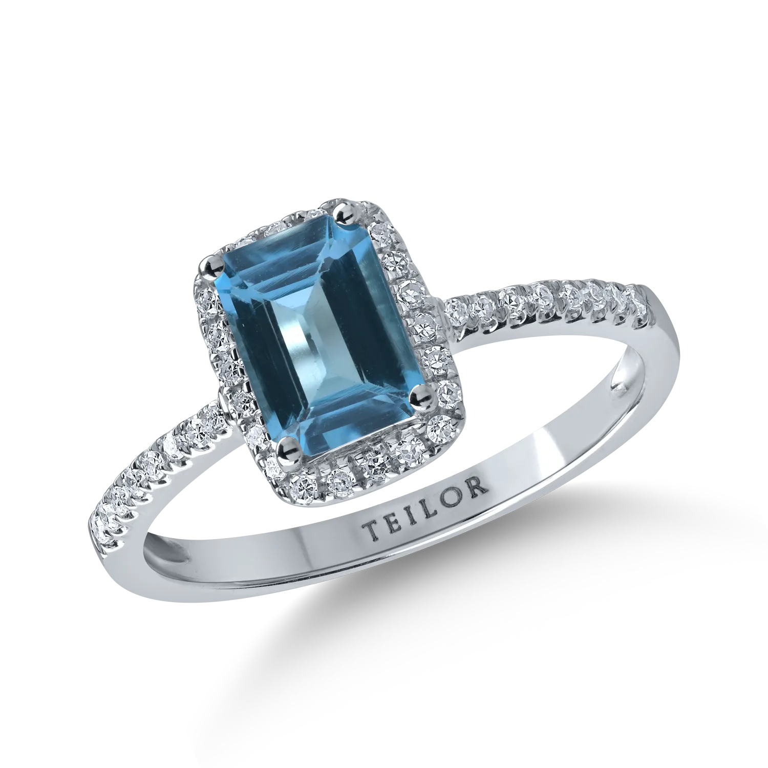 Fehérarany gyűrű 1.23ct londoni kék topázzal és 0.15ct gyémántokkal