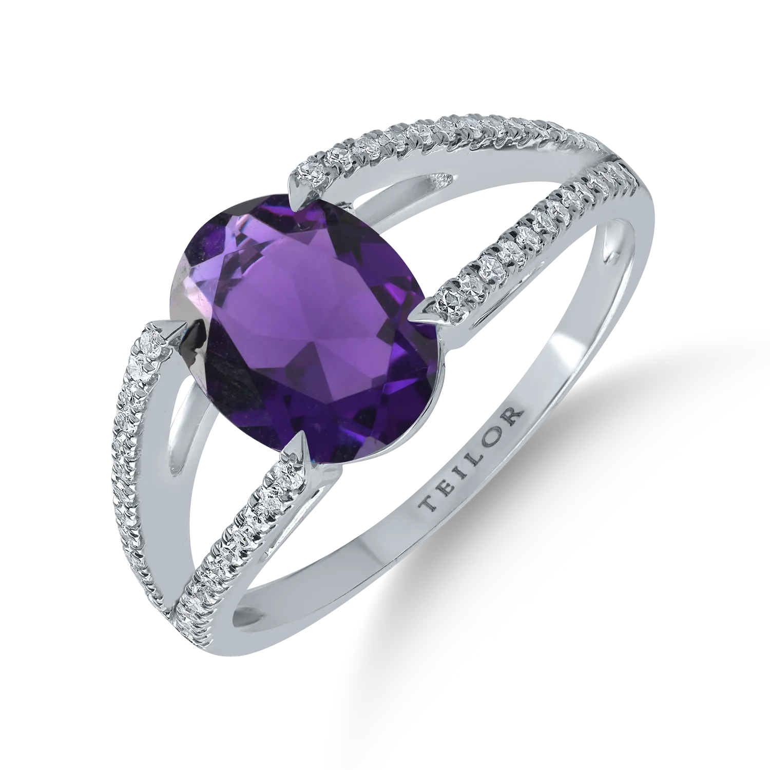 Inel din aur alb cu ametist oval de 1.3ct si diamante de 0.2ct