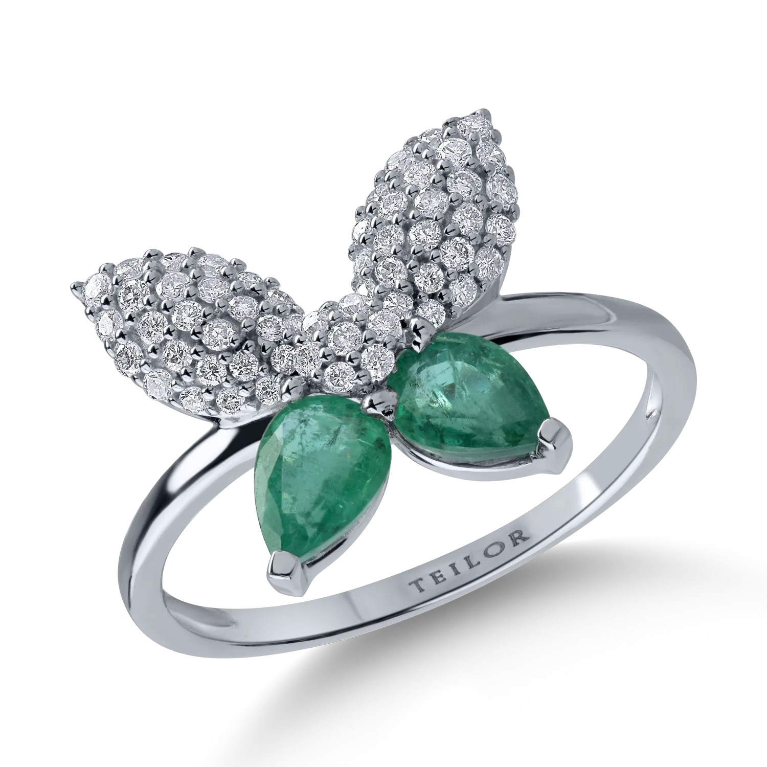 White gold butterfly ring with 0.71ct emeralds and 0.28ct diamonds