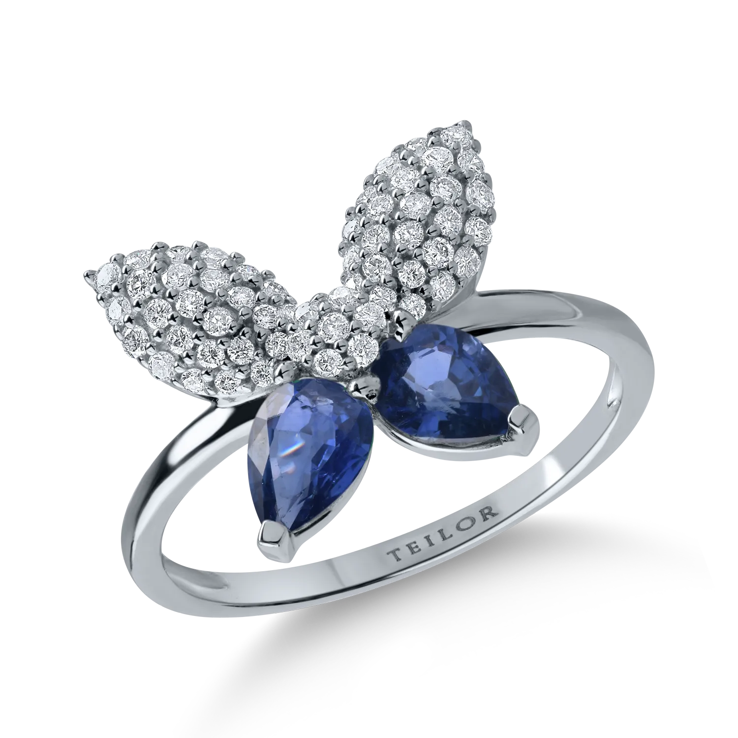 White gold butterfly ring with 1.02ct sapphires and 0.28ct diamonds