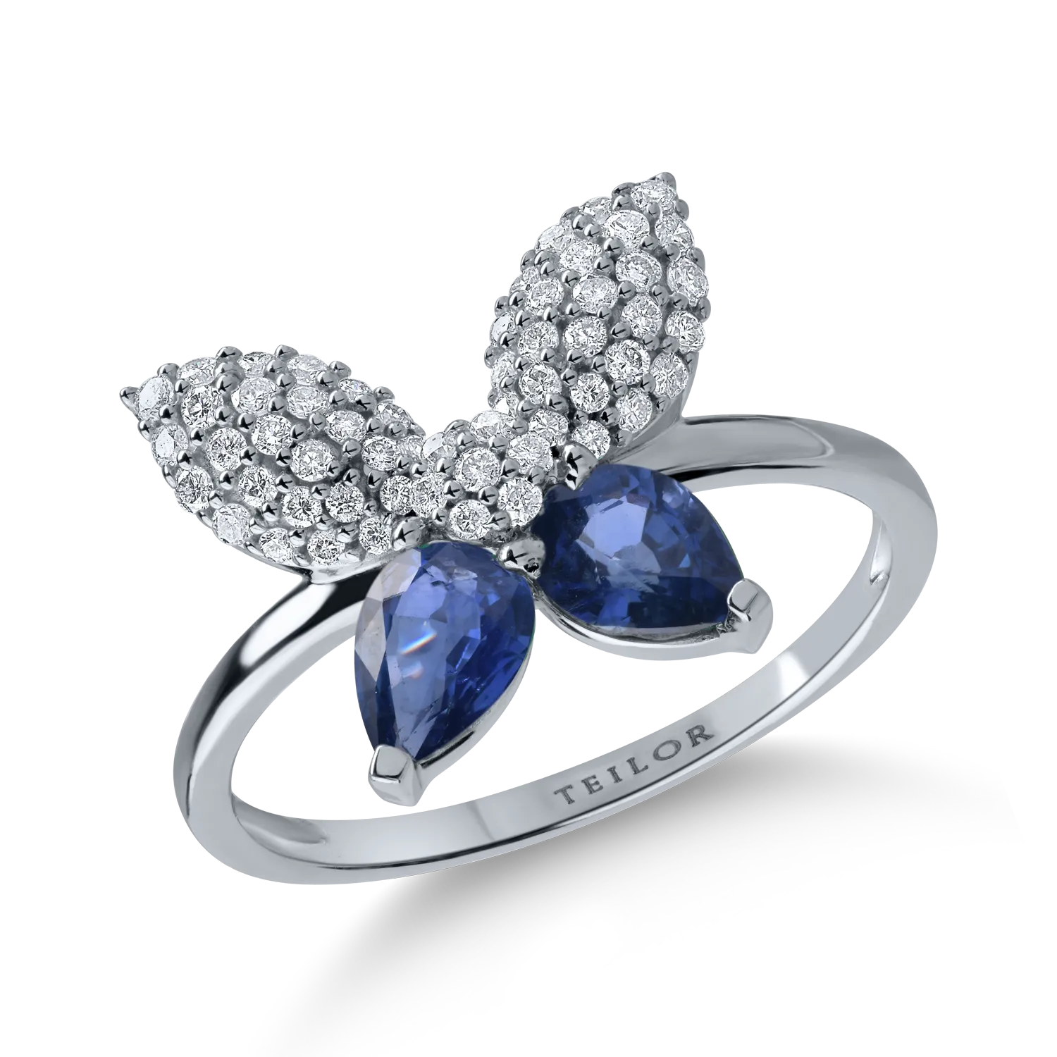 Inel cu fluture din aur alb cu safire pear de 1.02ct si diamante de 0.28ct
