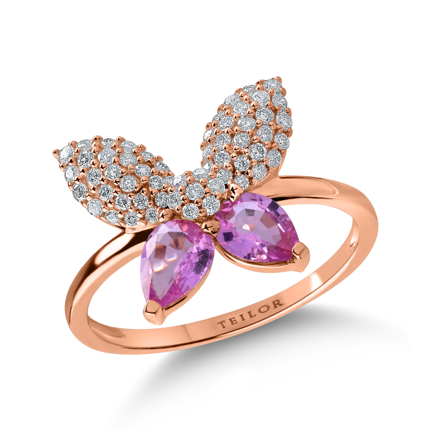 Pierścionek motyl z różowego złota z jasnoróżowymi szafirami o masie 0.9ct i diamentami o masie 0.29ct