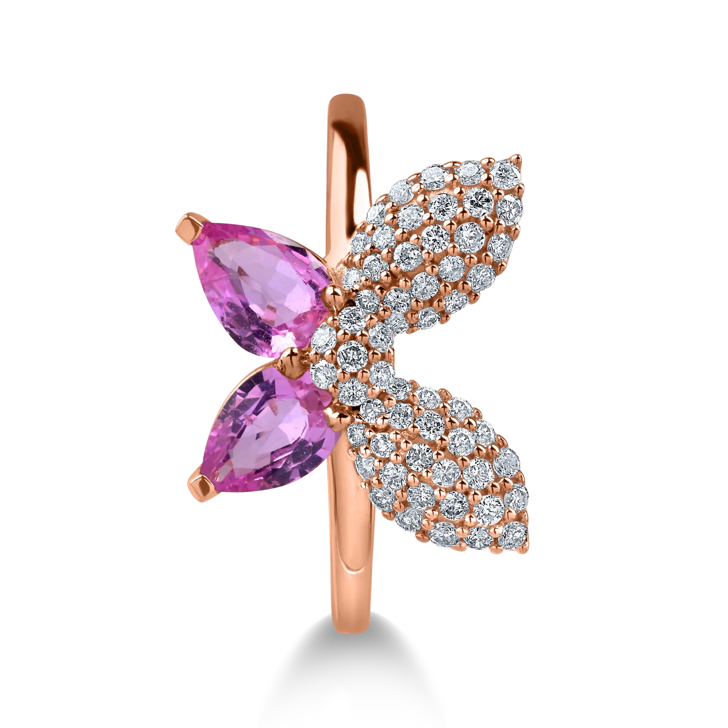 Rózsarany pillangógyűrű 0.9ct világos rózsaszín zafírokkal és 0.29ct gyémántokkal
