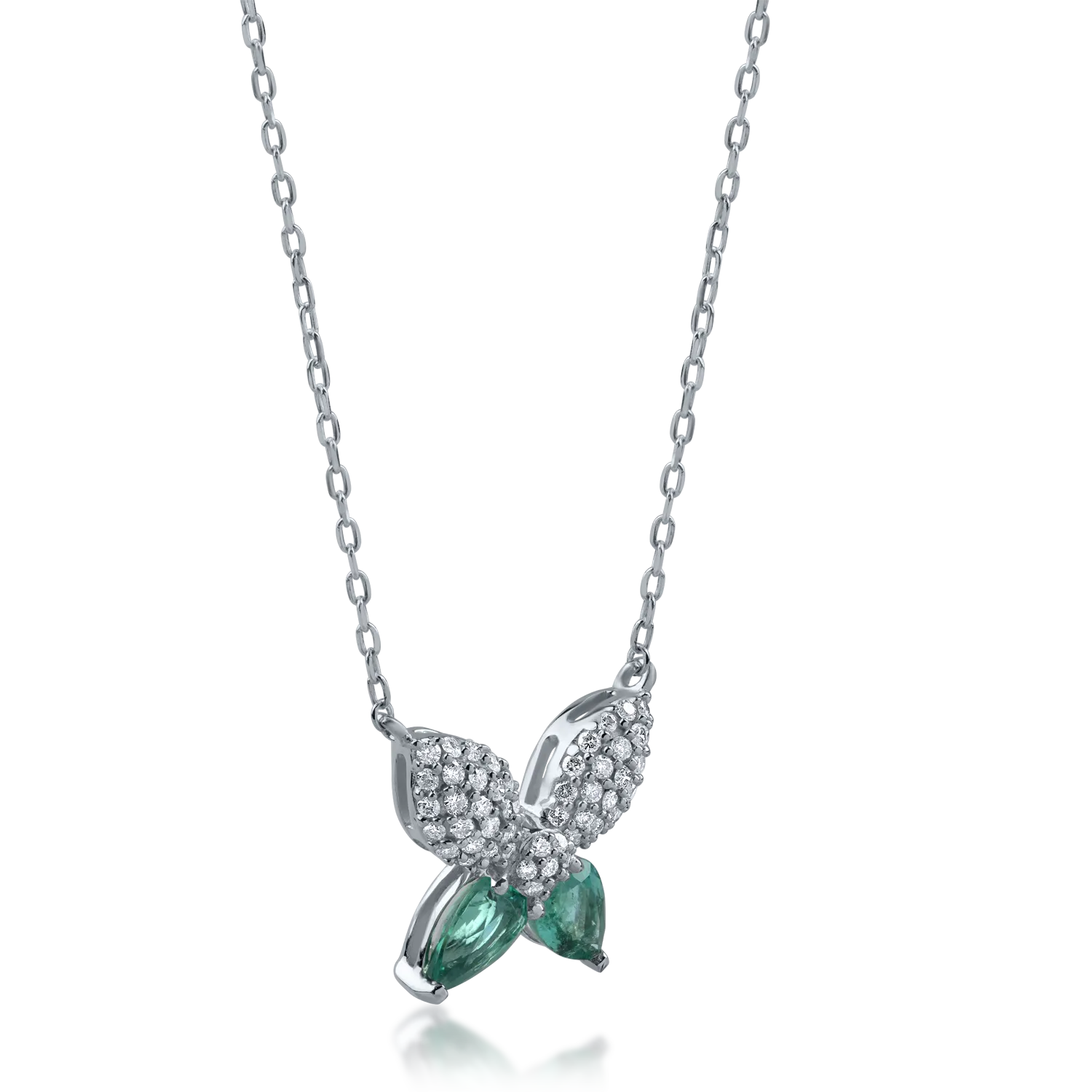 White gold butterfly pendant necklace with 0.76ct emeralds and 0.29ct diamonds