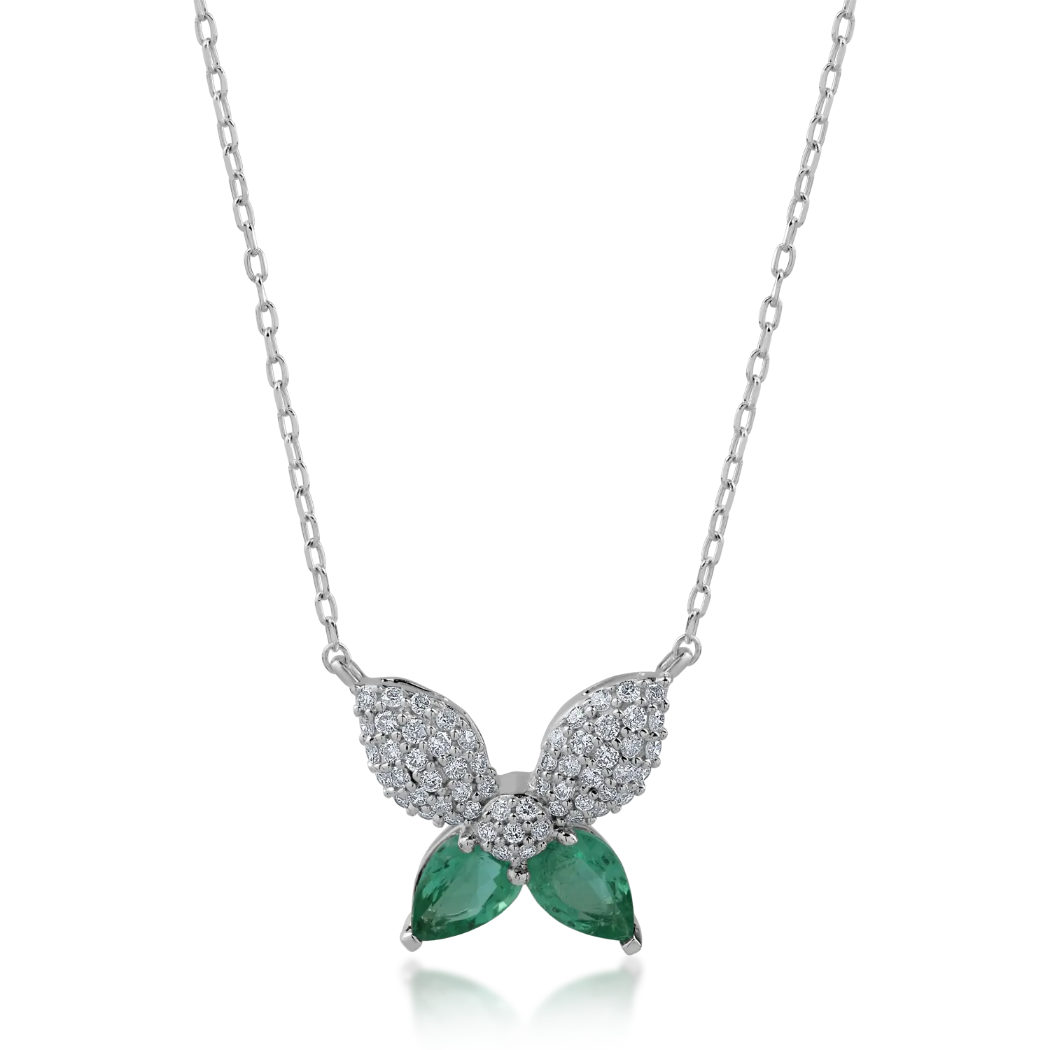 Lant cu pandantiv fluture din aur alb cu smaralde pear de 0.76ct si diamante de 0.29ct
