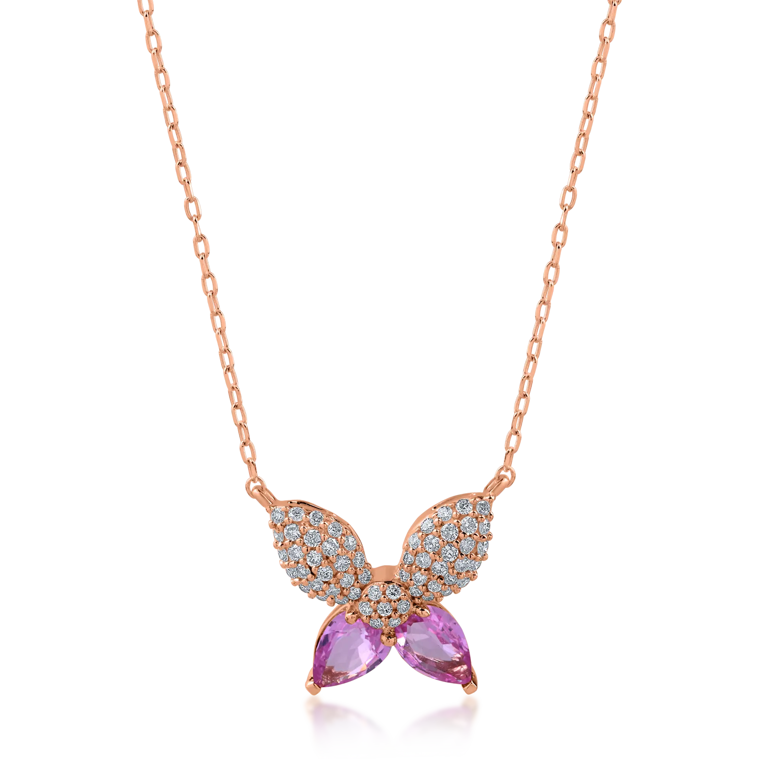 Naszyjnik w kształcie motyla z różowego złota z jasnoróżowymi szafirami o masie 0.82ct i diamentami o masie 0.27ct