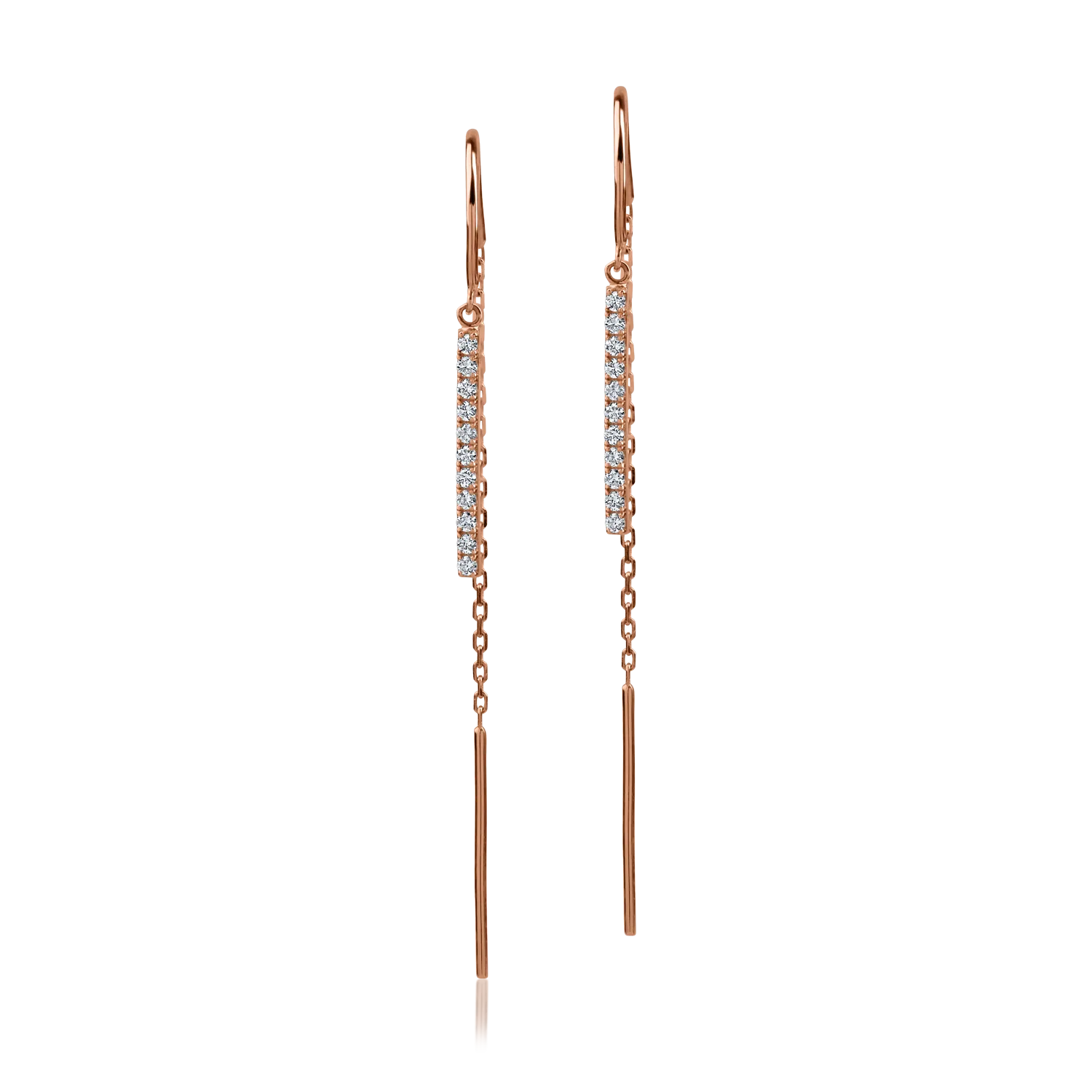 Długie kolczyki z różowego złota z diamentami o masie 0.152ct
