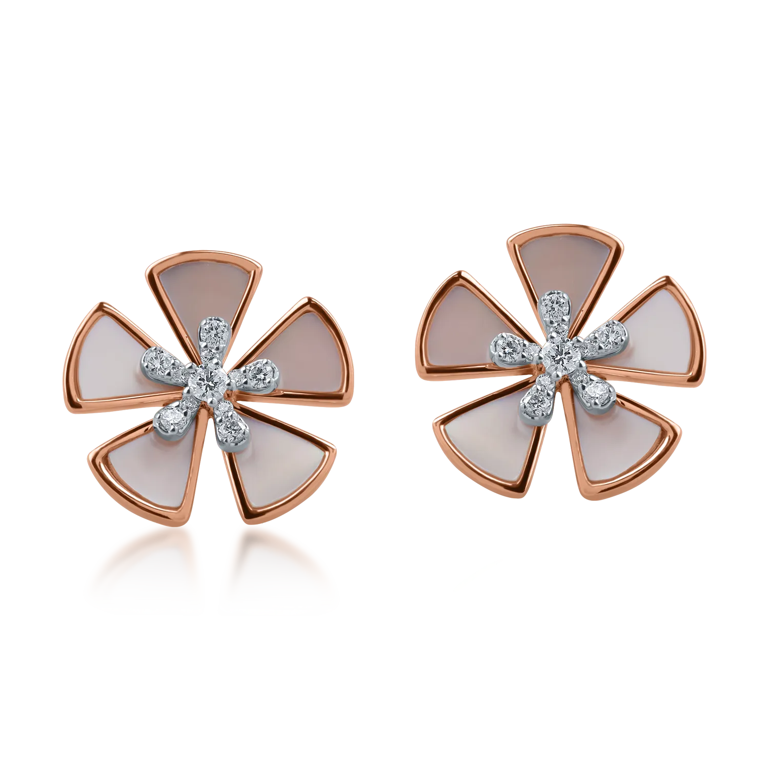 Kolczyki kwiatowe z różowego złota z masą perłową o masie 2.89ct i diamentami o masie 0.282ct