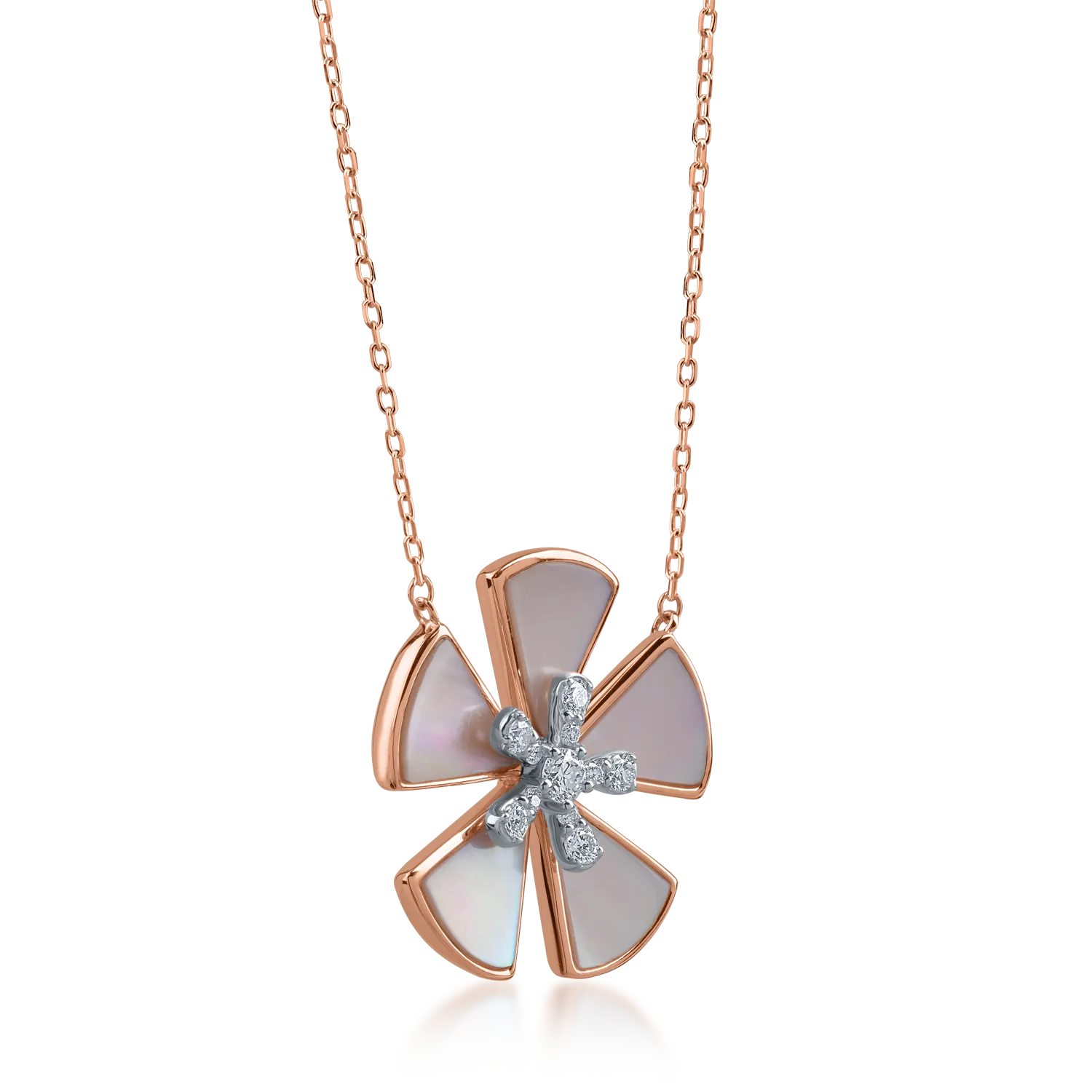 Naszyjnik z kwiatkiem w kolorze różowego złota z masą perłową o masie 3.21ct i diamentami o masie 0.25ct