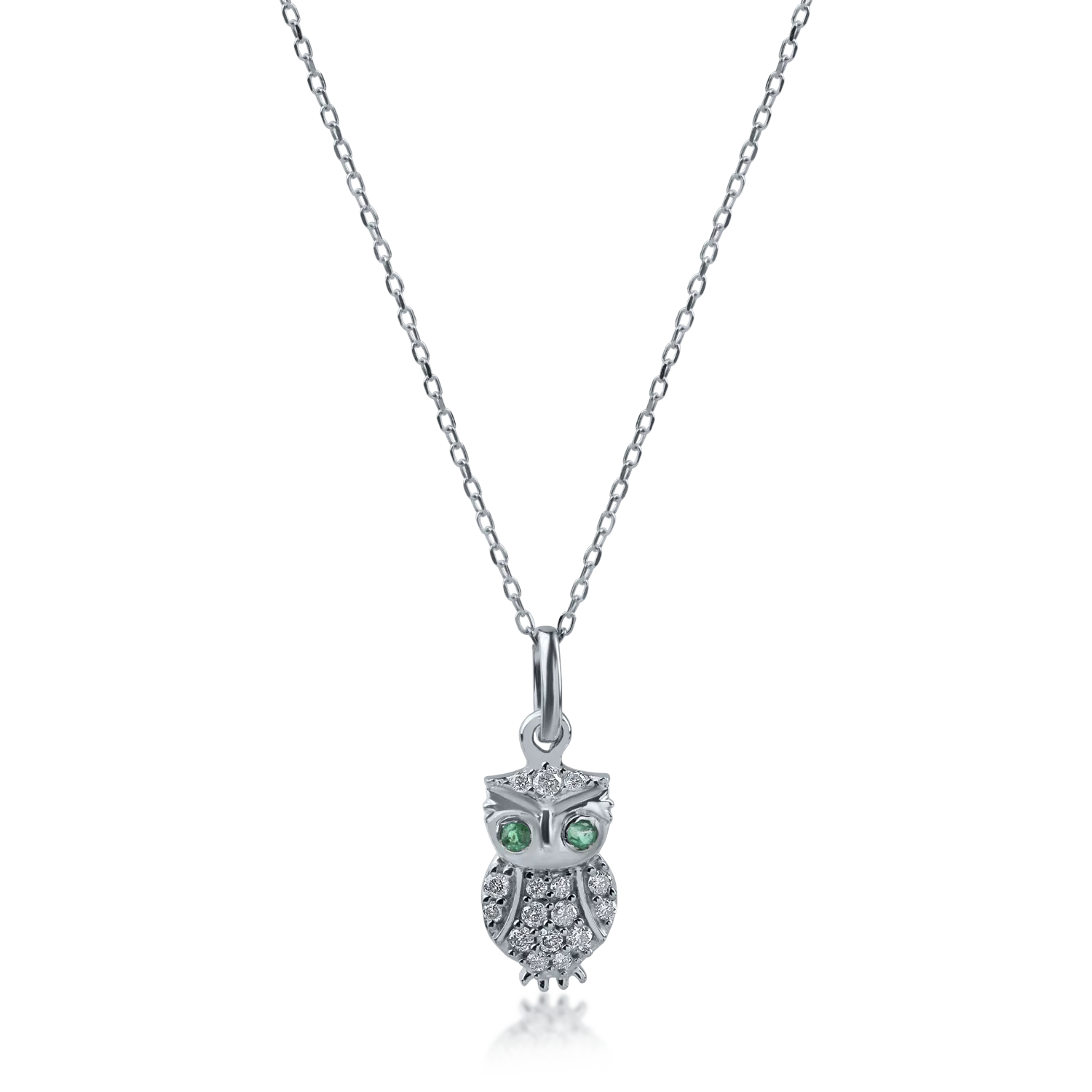 White gold owl pendant necklace with 0.02ct emeralds and 0.08ct diamonds