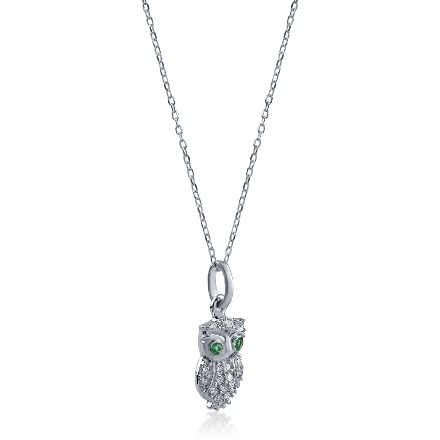 White gold owl pendant necklace with 0.02ct emeralds and 0.08ct diamonds