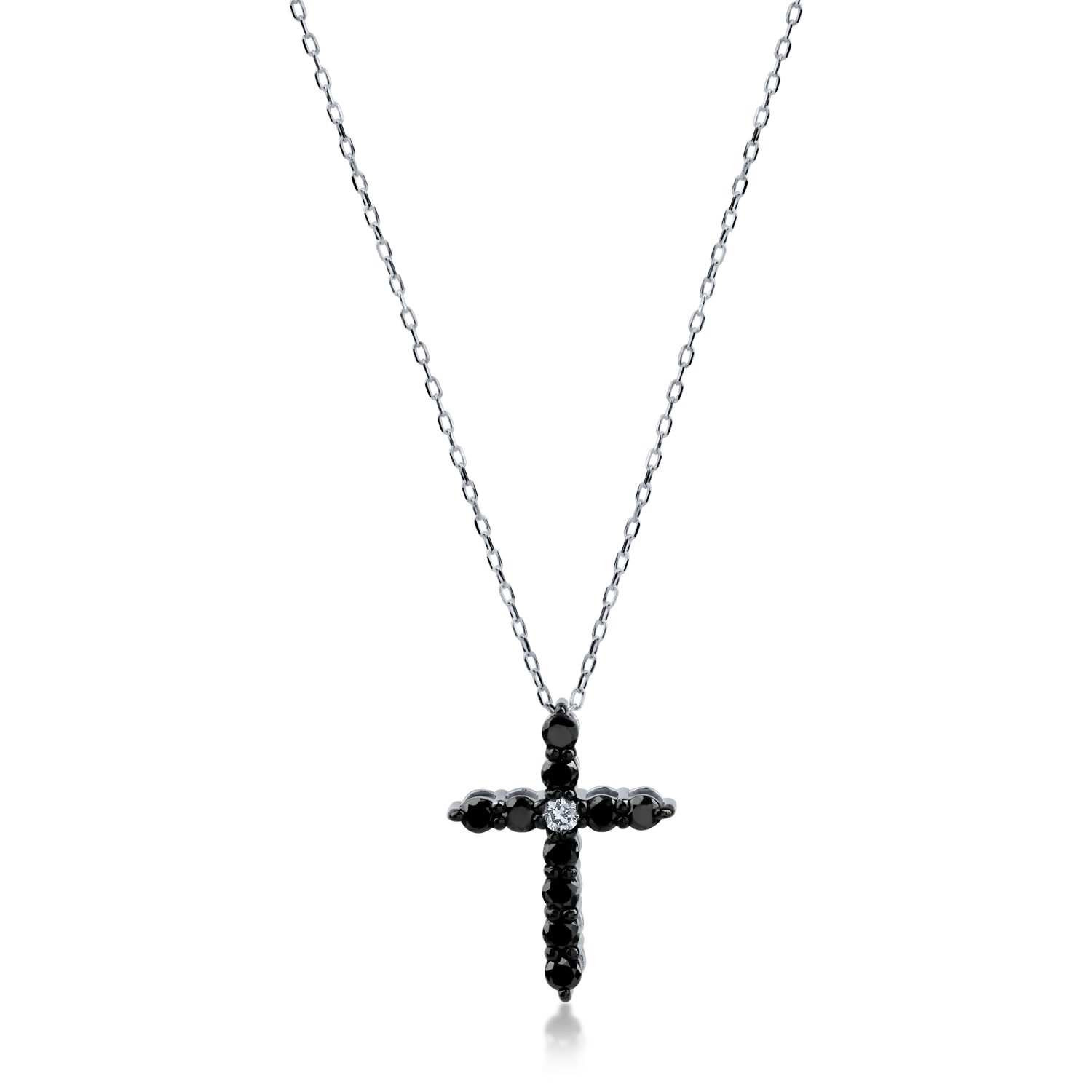 White gold cross pendant necklace with 0.02ct clear diamond and 0.2ct black diamonds