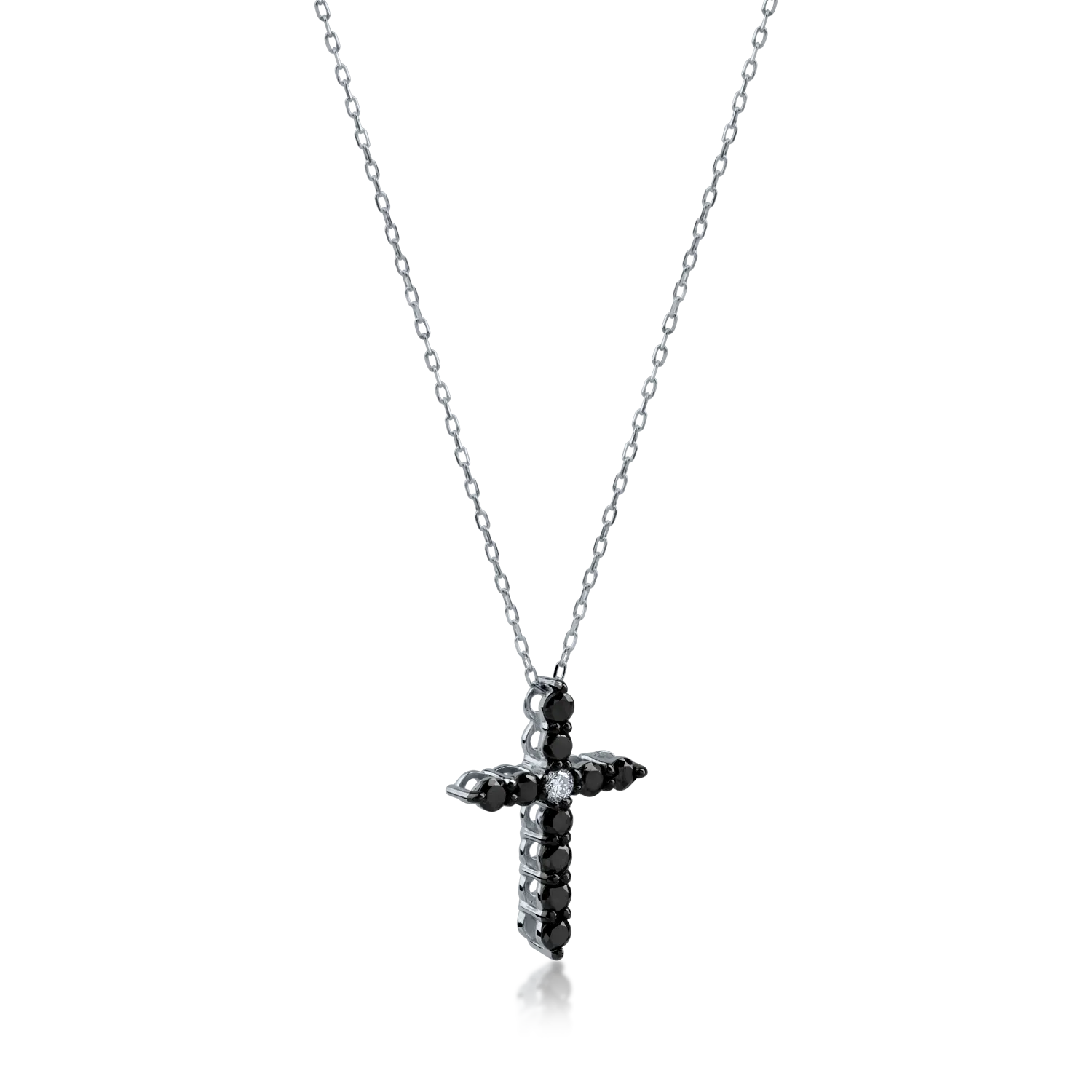 White gold cross pendant necklace with 0.02ct clear diamond and 0.2ct black diamonds
