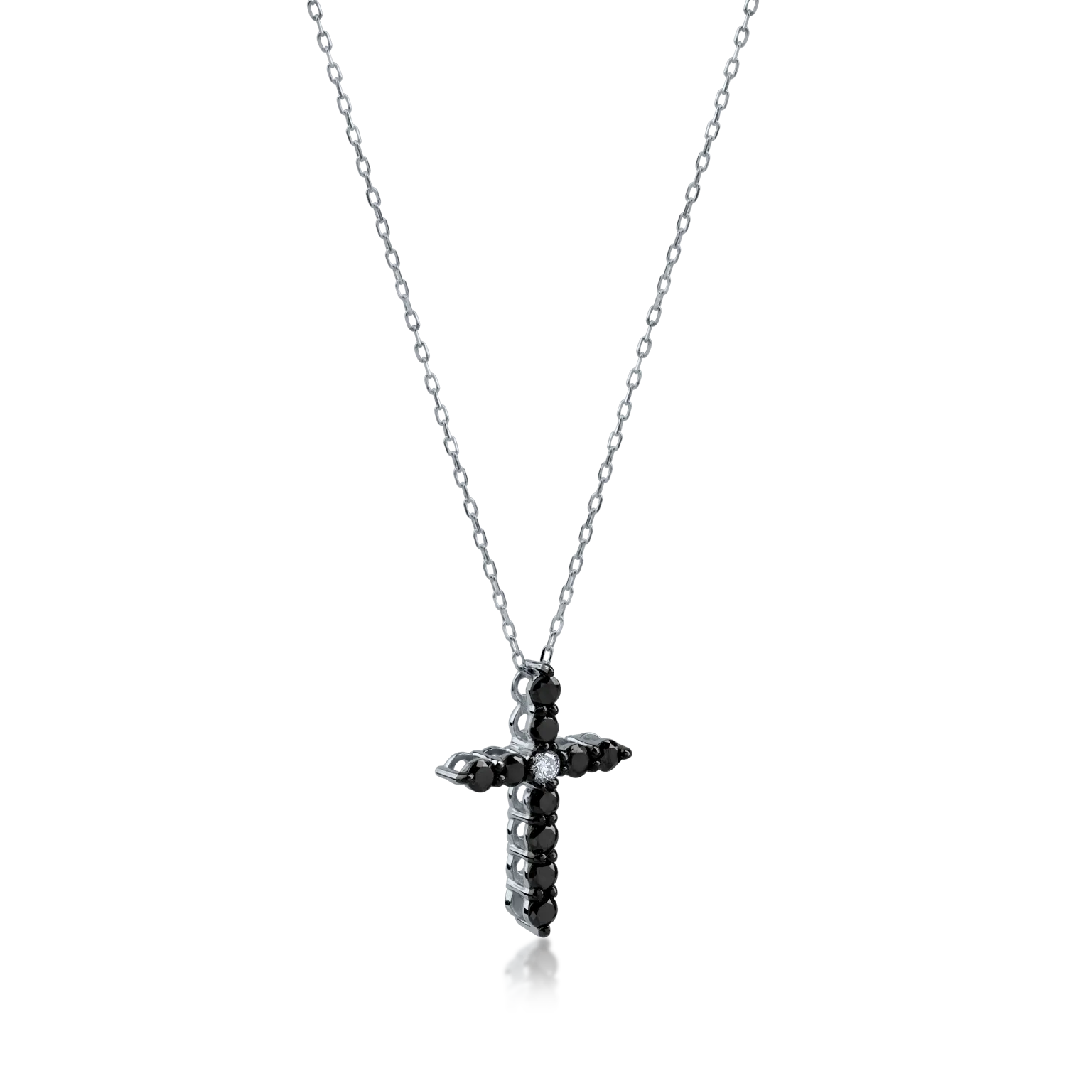 Lant cu pandantiv cruce din platina cu diamant transparent de 0.02ct si diamante negre de 0.2ct