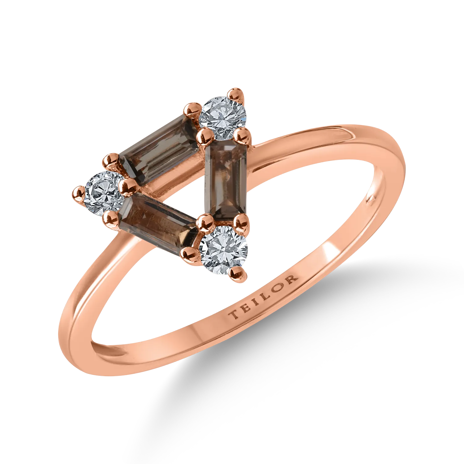 Róza arany gyűrű 0.3ct füstkvarccal és 0.158ct gyémántokkal