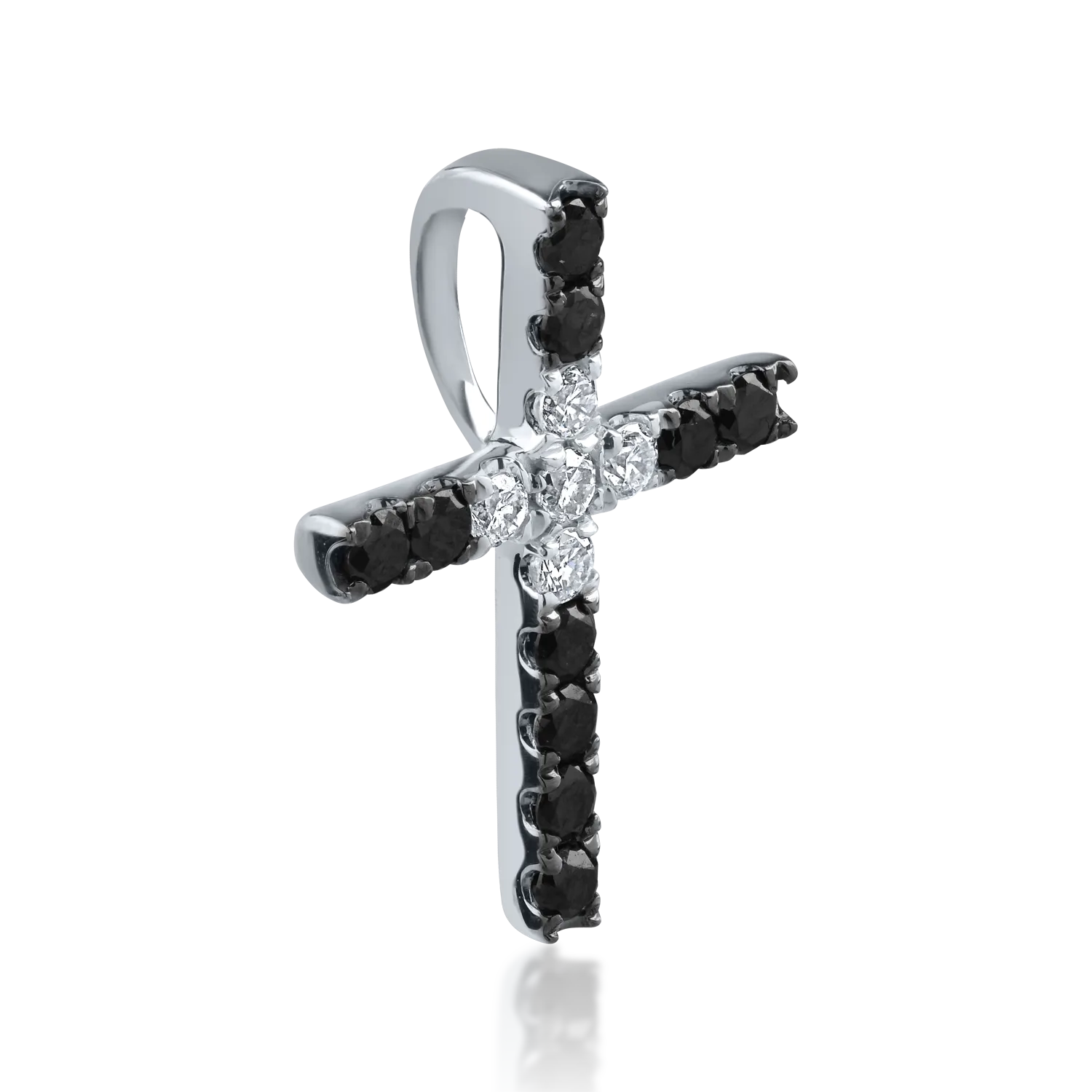 Zawieszka w kształcie krzyża z czarno-białego złota z przezroczystymi diamentami o masie 0.21ct i czarnymi diamentami o masie 0.09ct