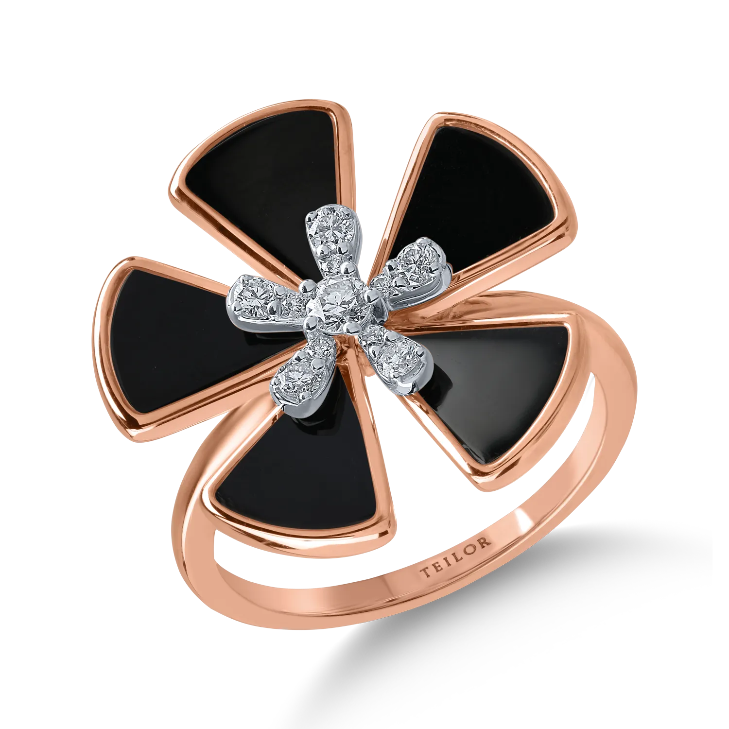 Rose gold flower ring with 1.98ct black onyx and 0.2ct diamonds