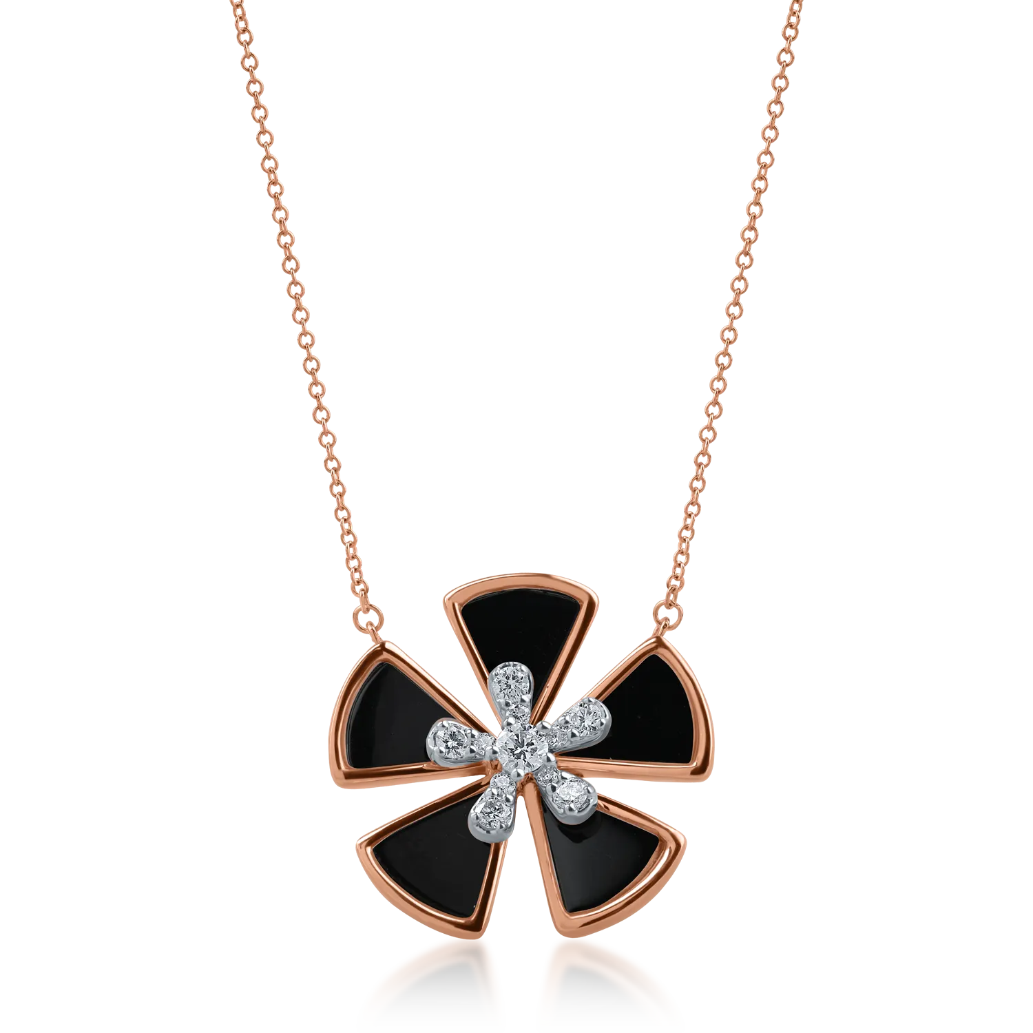 Rose gold flower pendant necklace with 2.64ct black onyx and 0.25ct diamonds