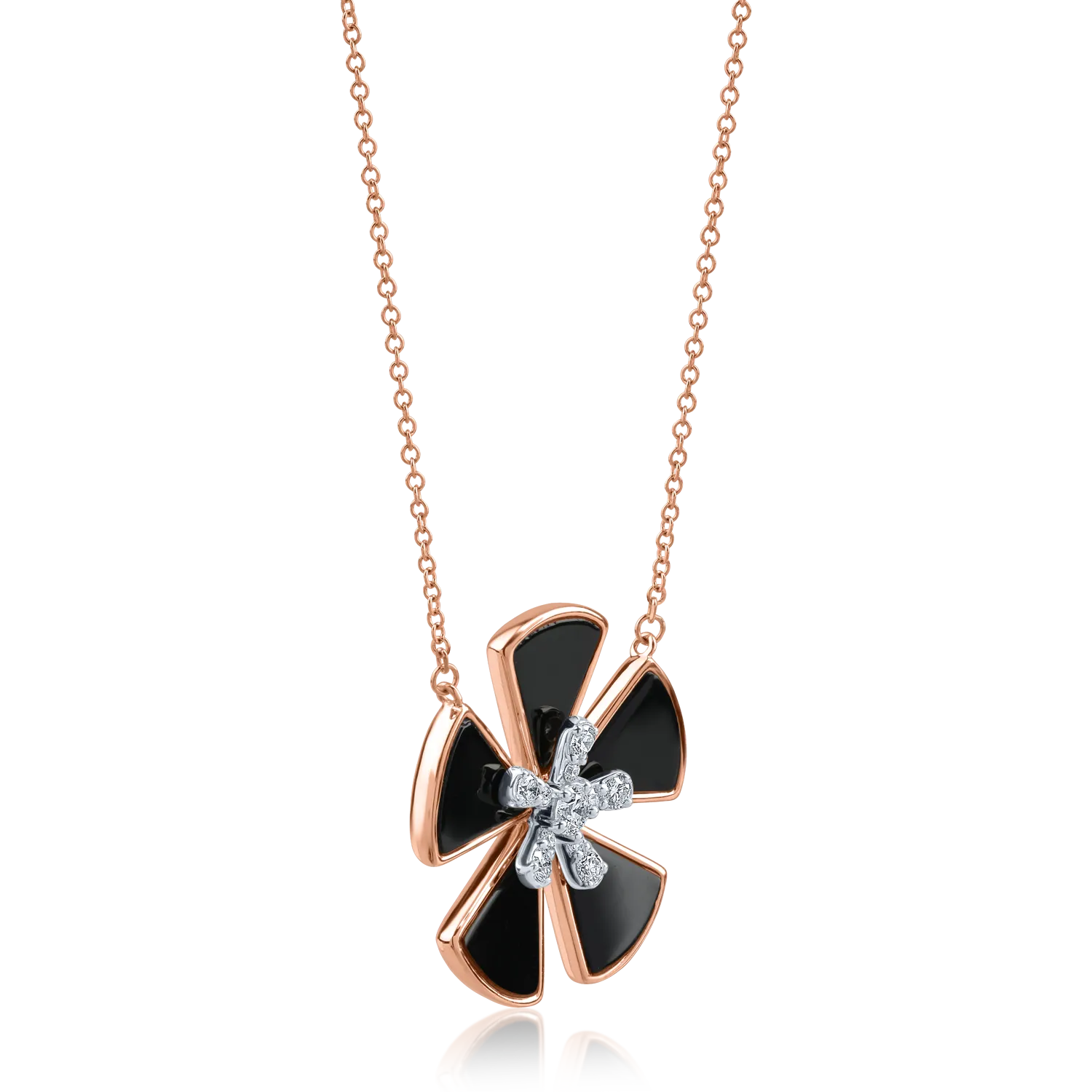 Rose gold flower pendant necklace with 2.64ct black onyx and 0.25ct diamonds
