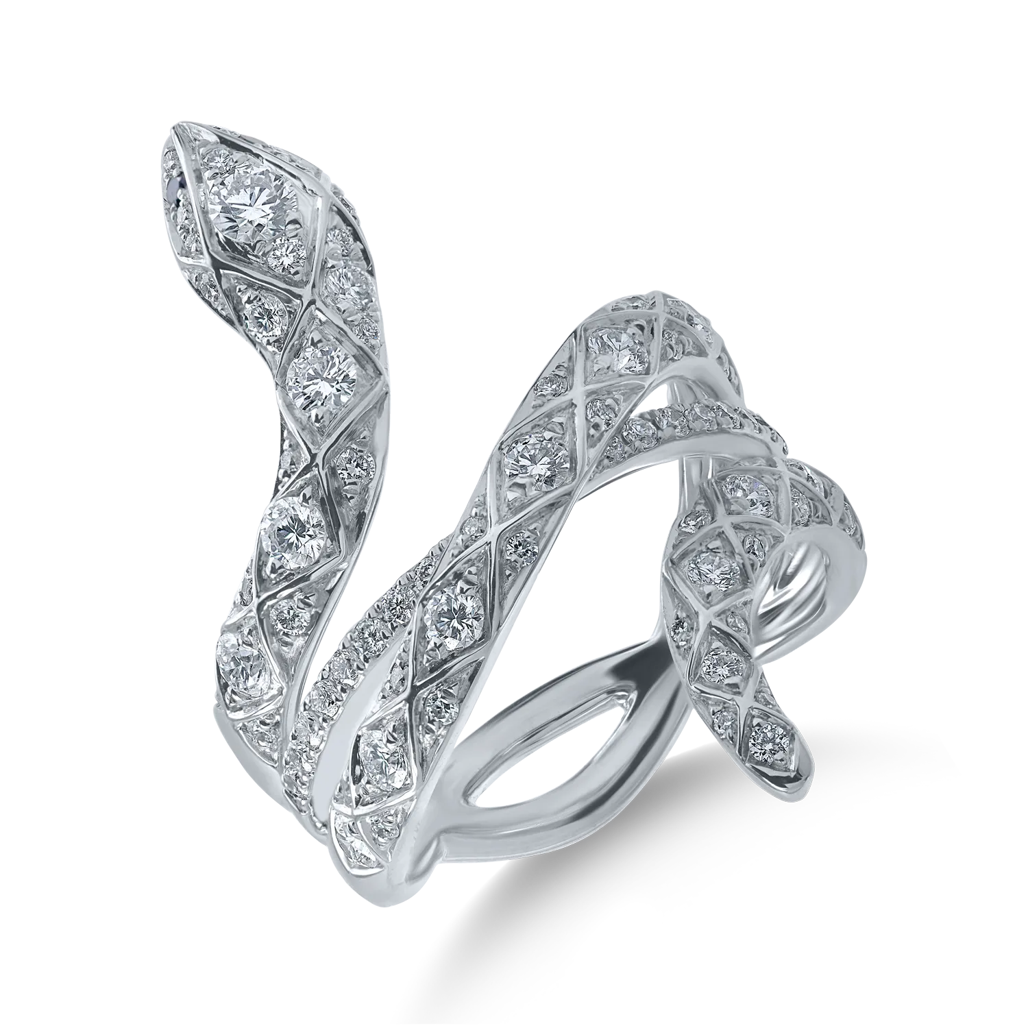 Pierścionek wąż z białego złota z przezroczystymi i czarnymi diamentami o masie 1.06ct