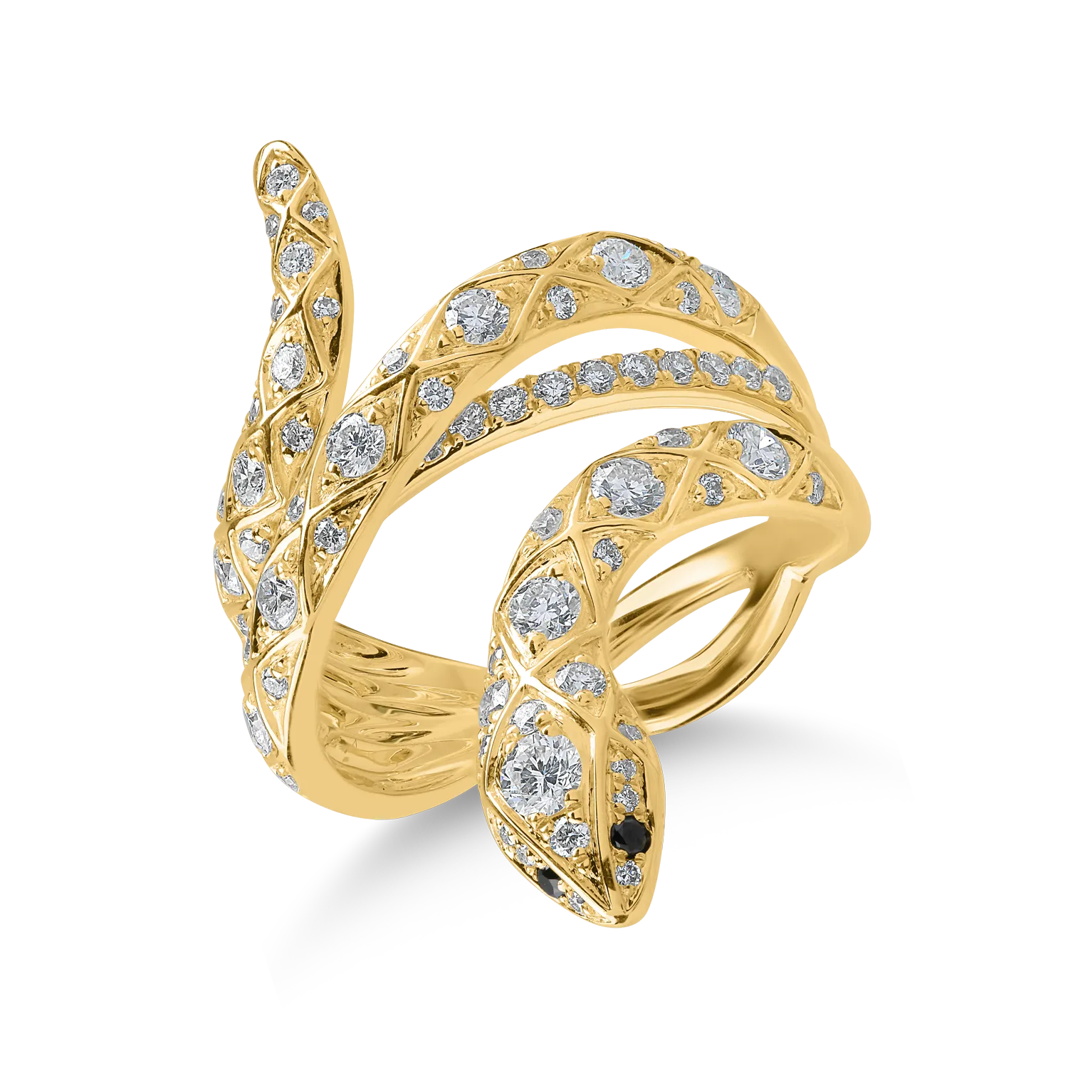 Yellow gold snake ring with clear and black diamonds of 1.06ct