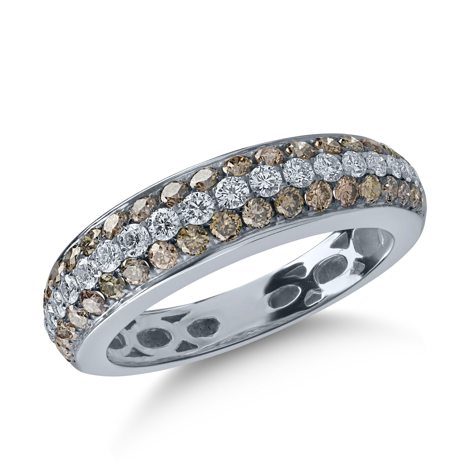 пръстен половин вечност от бяло злато с 0.63кt кафяви диаманти и 0.32кt прозрачни диаманти