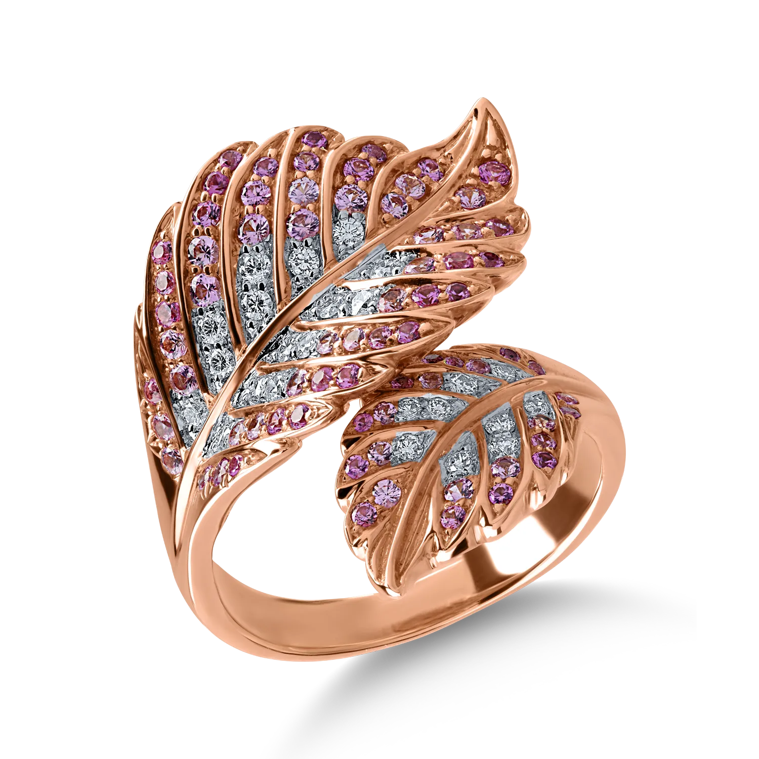 Pierścionek w kształcie liścia z różowego złota z diamentami o masie 0.22ct i różowymi szafirami o masie 0.67ct