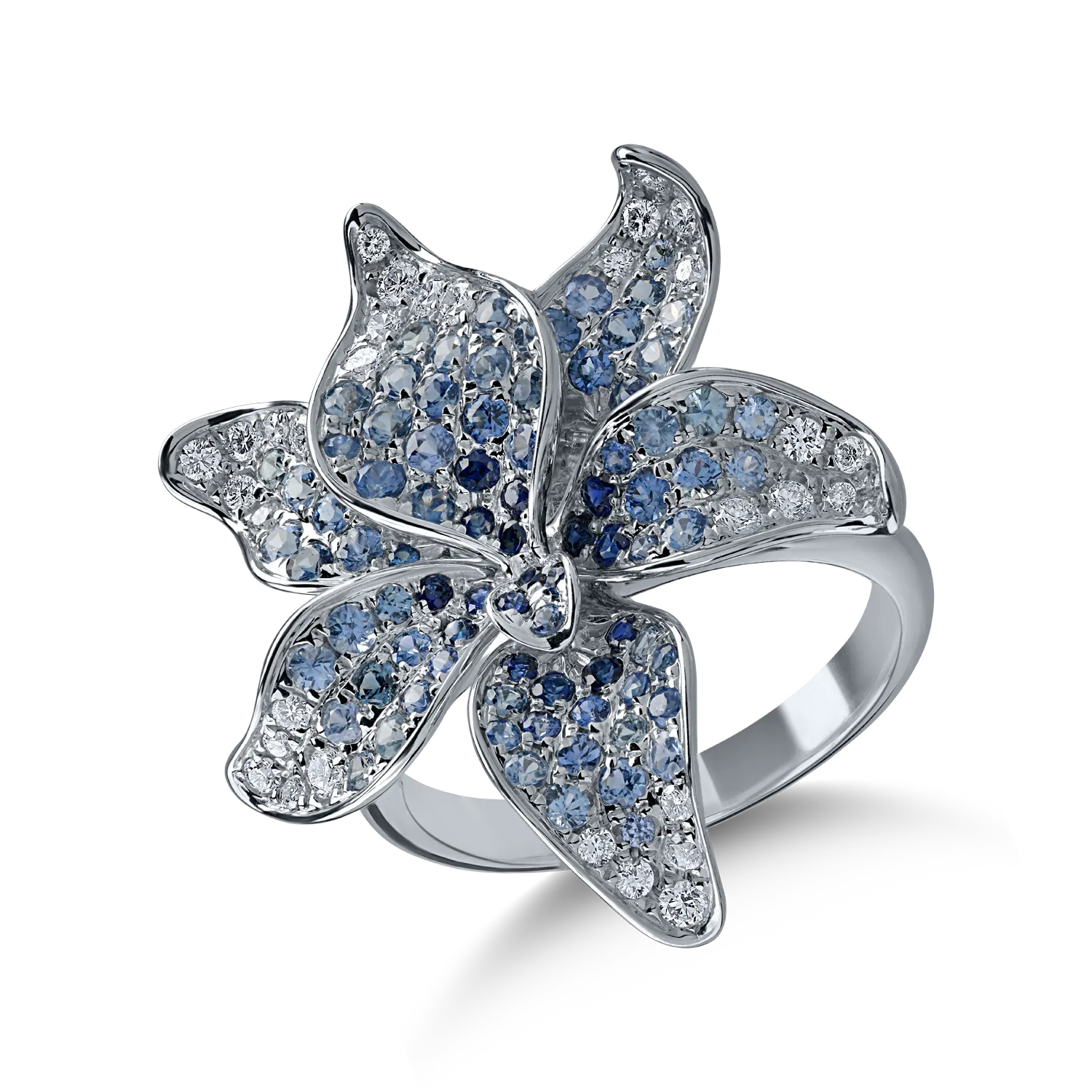 Inel cu floare din aur alb cu safire albastre de 1.25 ct si diamante de 0.31ct