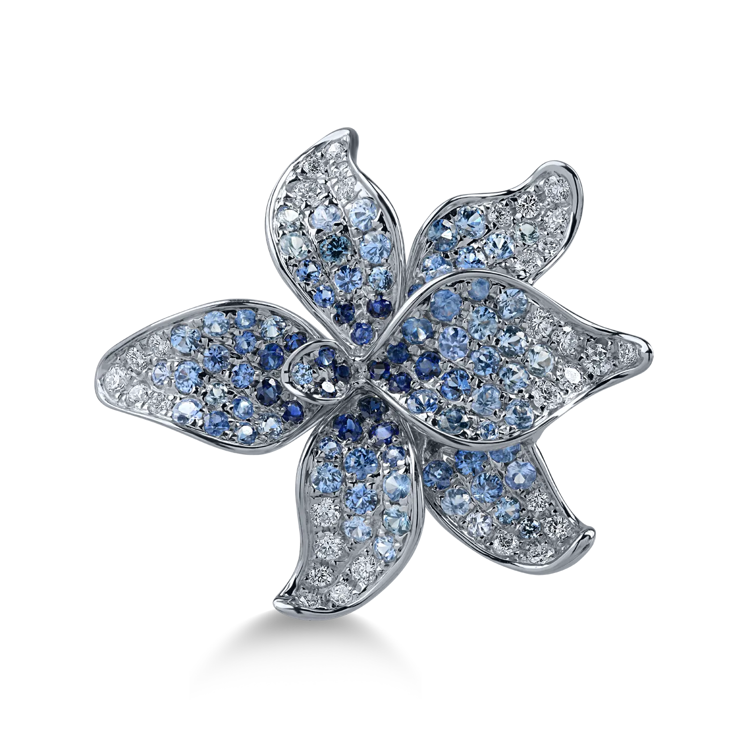 Pierścionek kwiatowy z białego złota z niebieskimi szafirami o masie 1.25ct i diamentami o masie 0.31ct