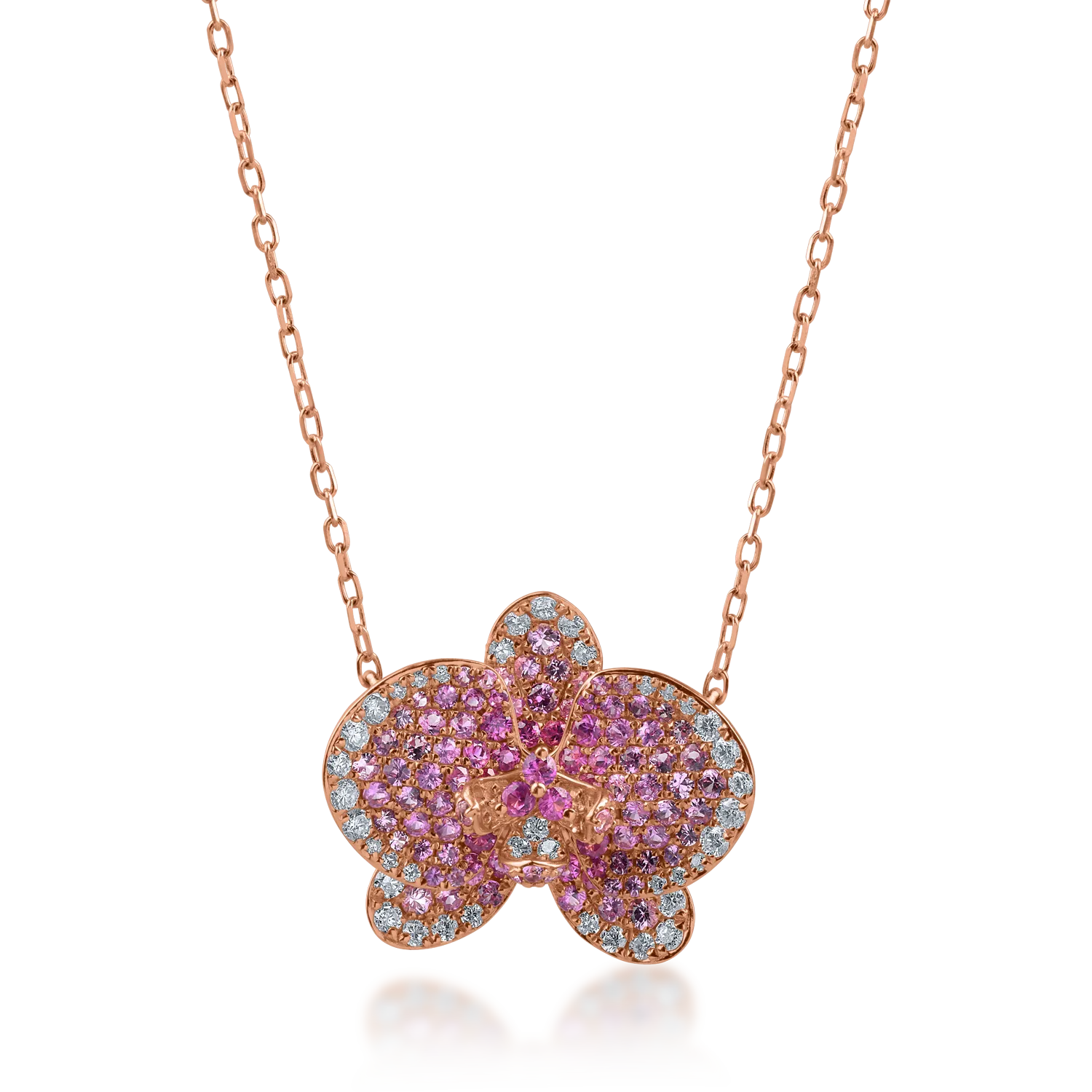 Rose gold flower pendant necklace with 1.31ct pink sapphires and 0.38ct diamonds