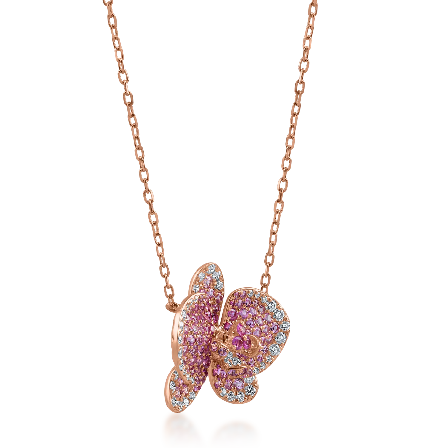 Naszyjnik z kwiatkiem w kolorze różowego złota z różowymi szafirami o masie 1.31ct i diamentami o masie 0.38ct