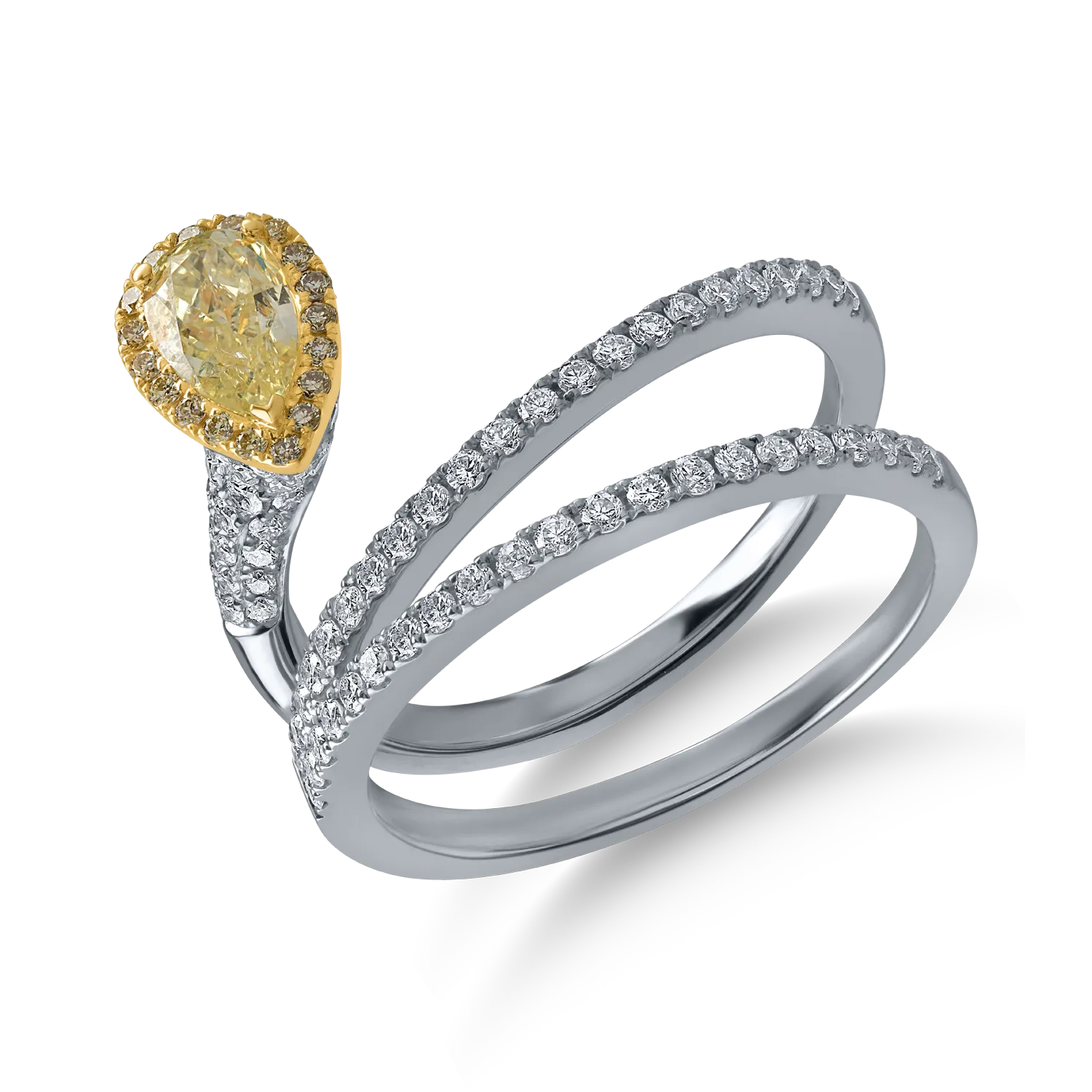 Inel din aur alb cu diamant fancy galben pear de 0.5ct si diamante galbene si incolore de 0.6ct