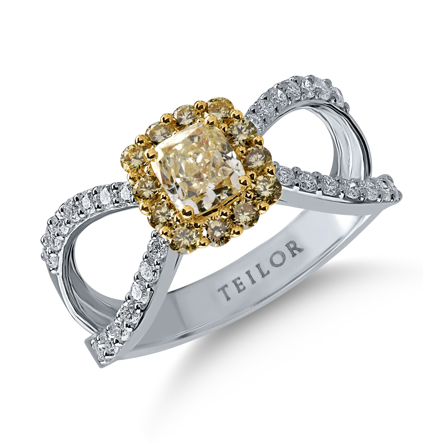 Inel din aur alb-galben cu diamante galbene cushion si rotunde de 0.8ct si diamante transparente de 0.3ct