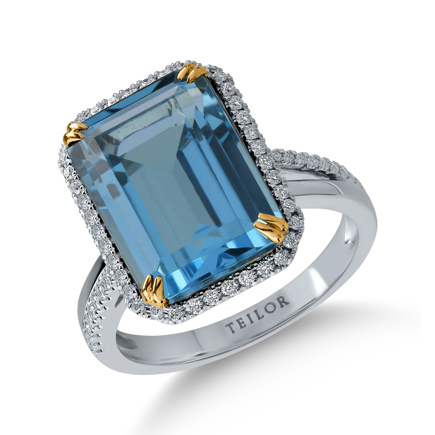 Fehér-sárga arany gyűrű 9.3ct kék topázzal és 0.26ct gyémántokkal