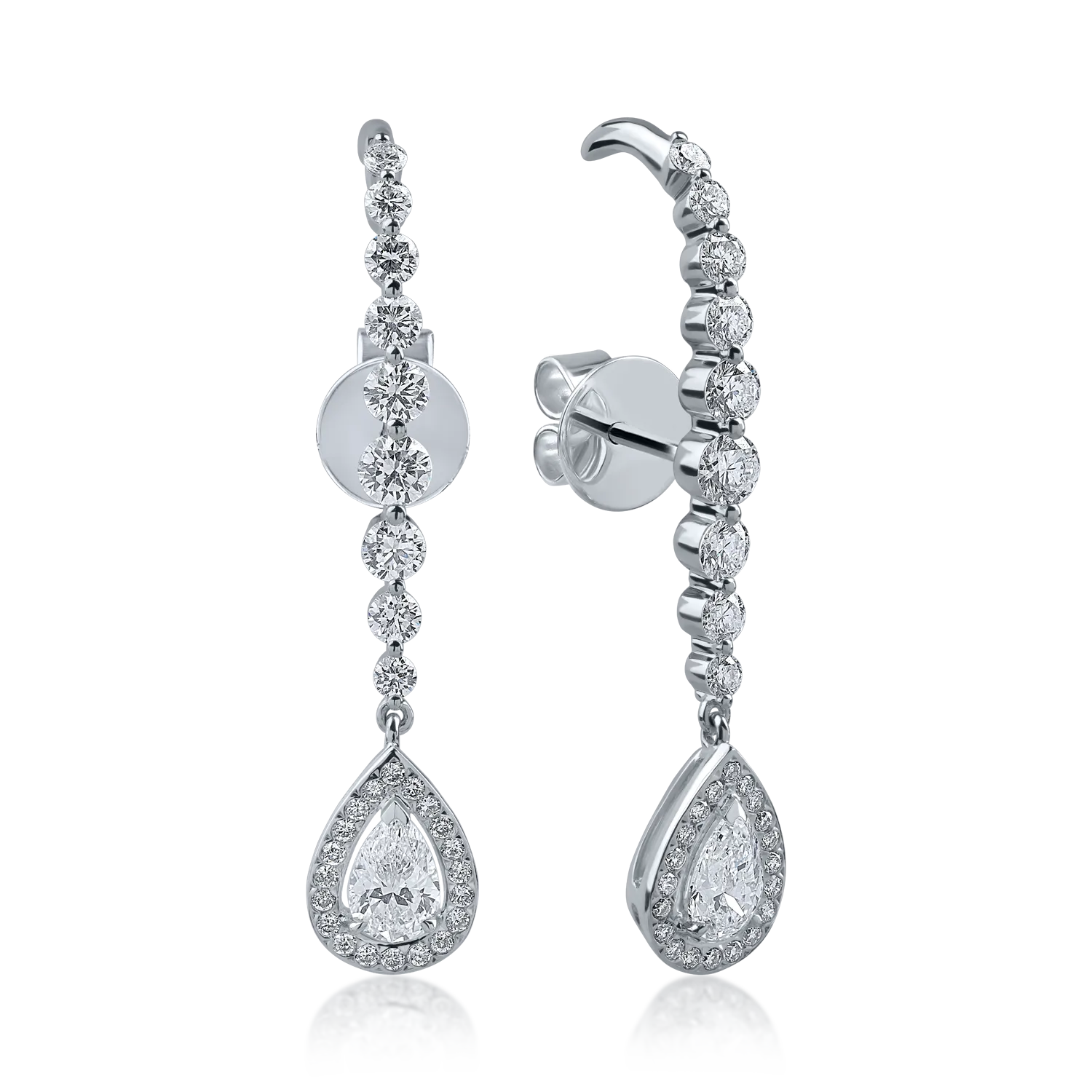 Cercei din aur alb cu diamante pear si rotunde de 1.82ct