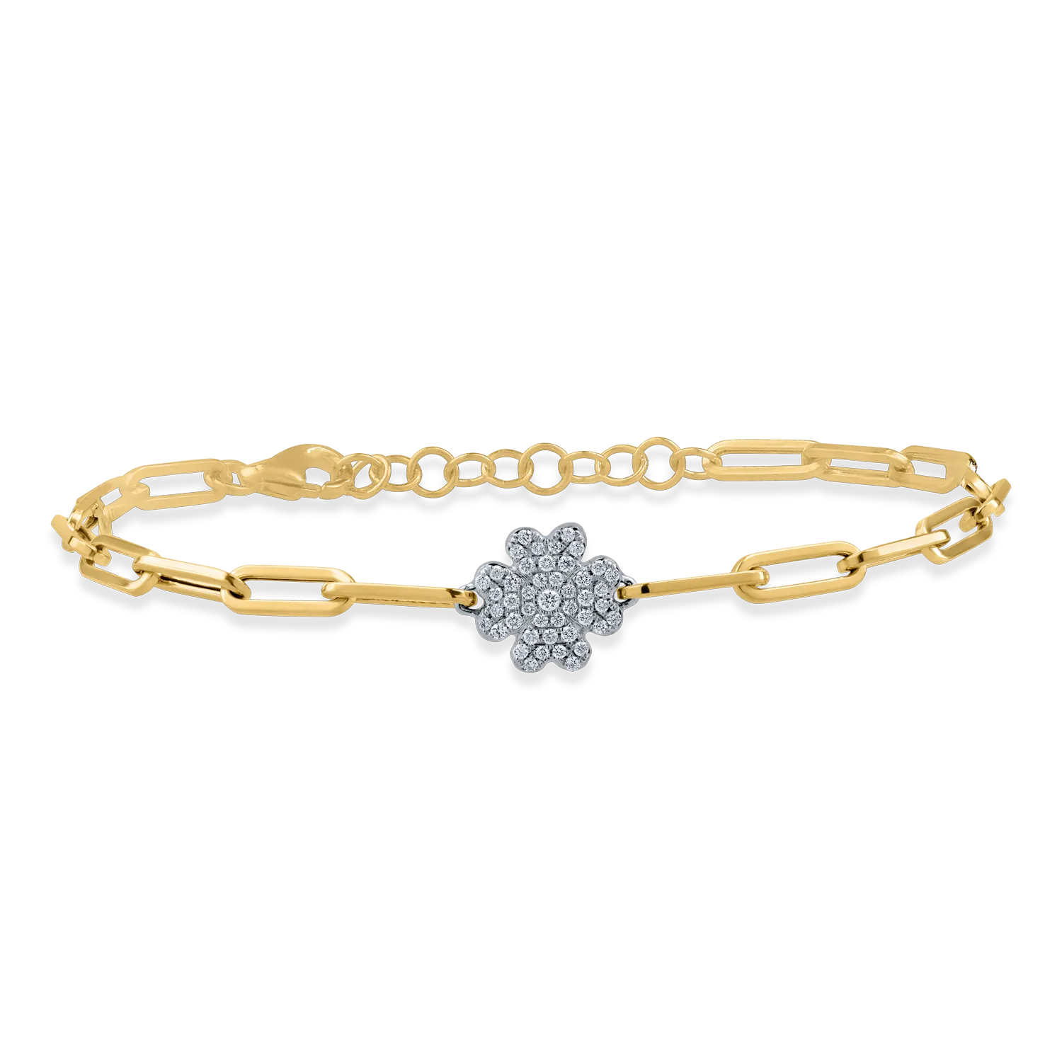 Yellow gold link chain and flower pendant bracelet with 0.1ct diamonds