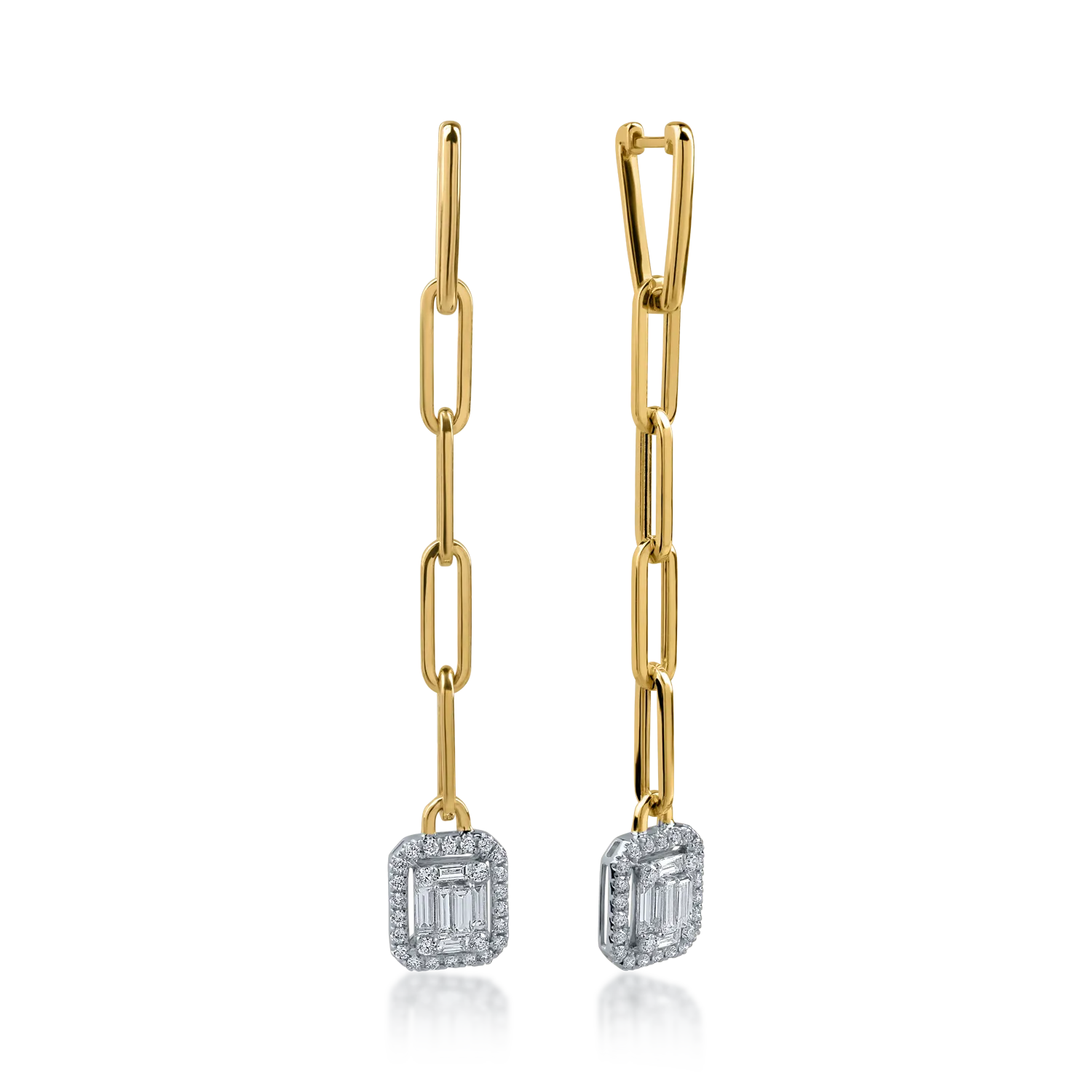 Cercei din aur alb-galben cu diamante baguette si rotunde de 0.99ct