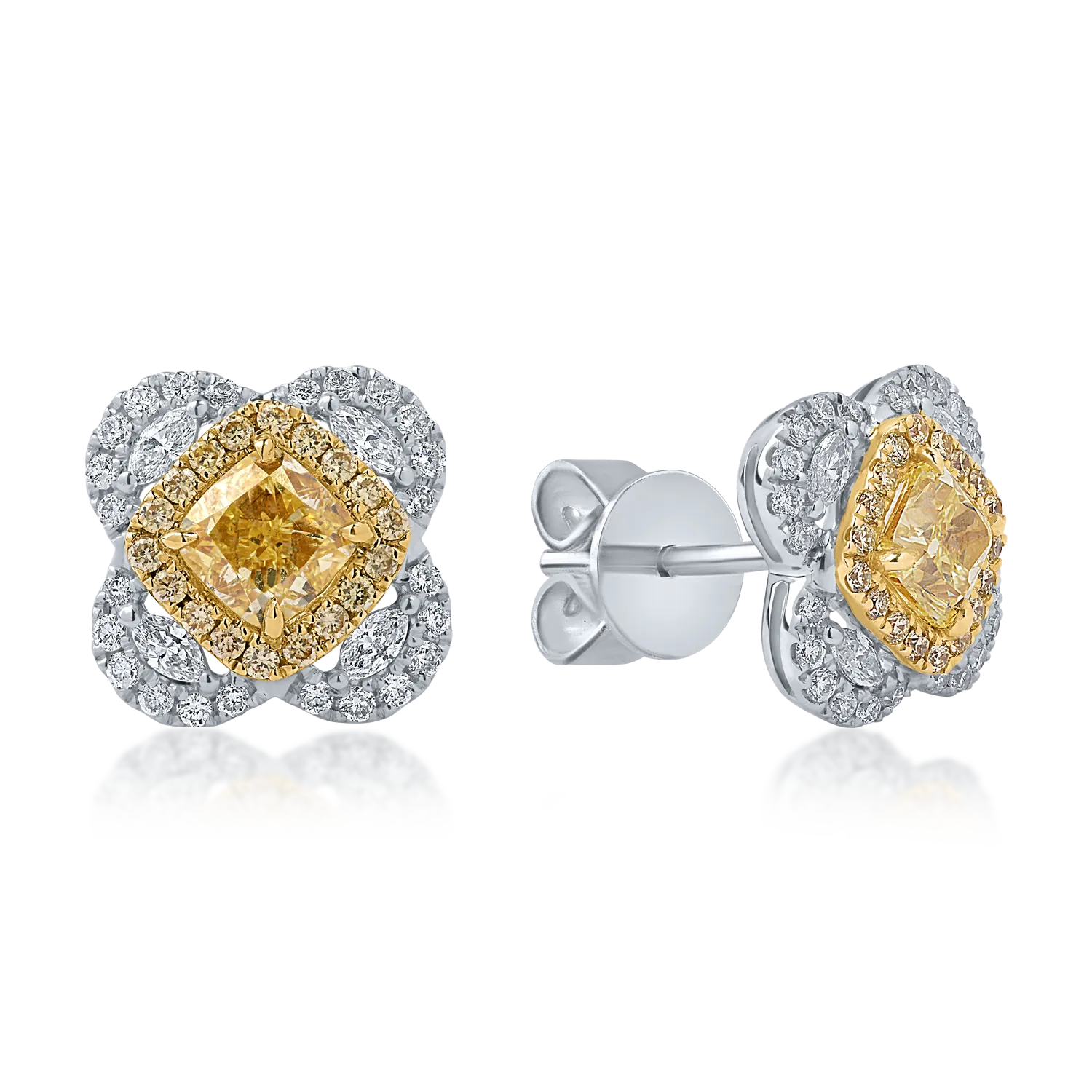 Teilor Cercei din aur alb-galben cu diamante cushion marquise si round de 1.9ct