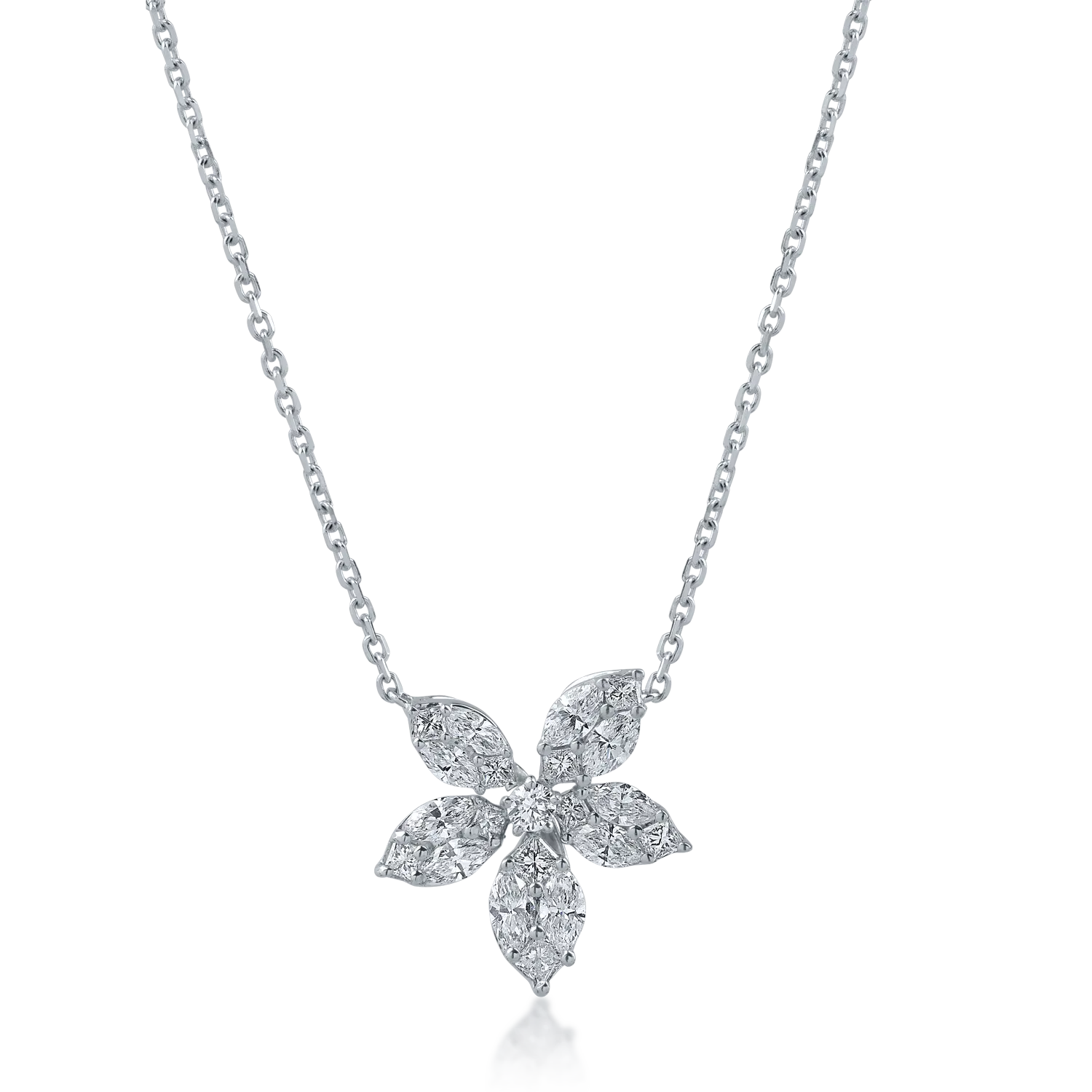 Teilor Lant cu pandantiv floare din aur alb cu diamante princess, marquise si rotunde de 0.86ct