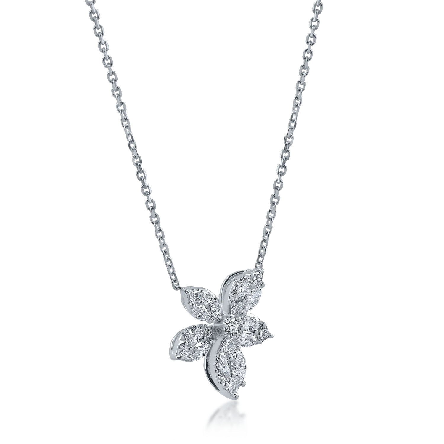 Lant cu pandantiv floare din aur alb cu diamante princess, marquise si rotunde de 0.86ct - imagine 2