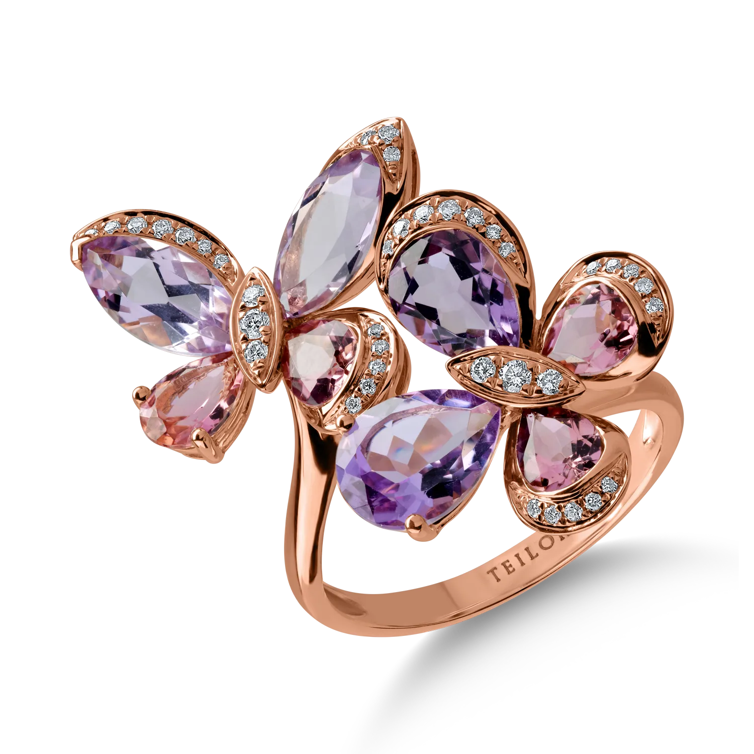 Rose gold butterfly ring with 4.89ct precious and semi-precious stones