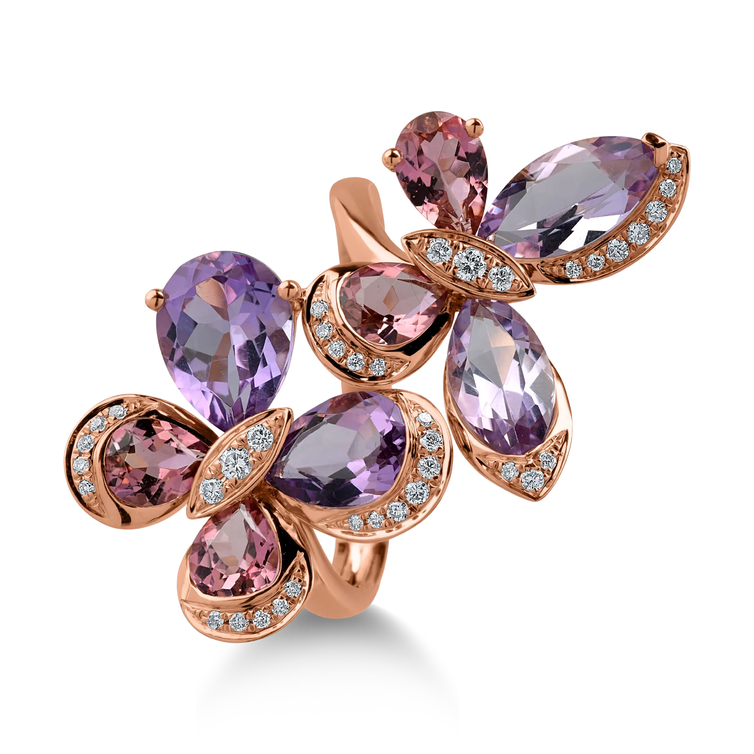 Pierścionek motyl z różowego złota z kamieniami szlachetnymi i półszlachetnymi o masie 4.89ct