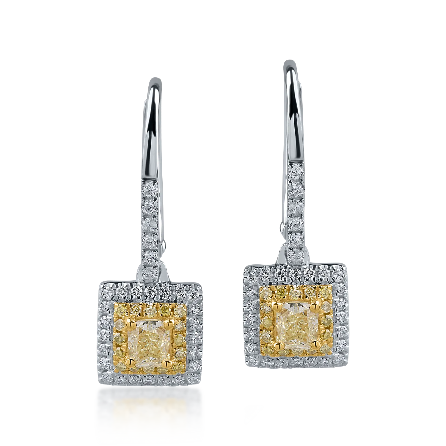 Cercei din aur alb-galben cu diamante galbene de 0.11ct si diamante transparente de 0.27ct