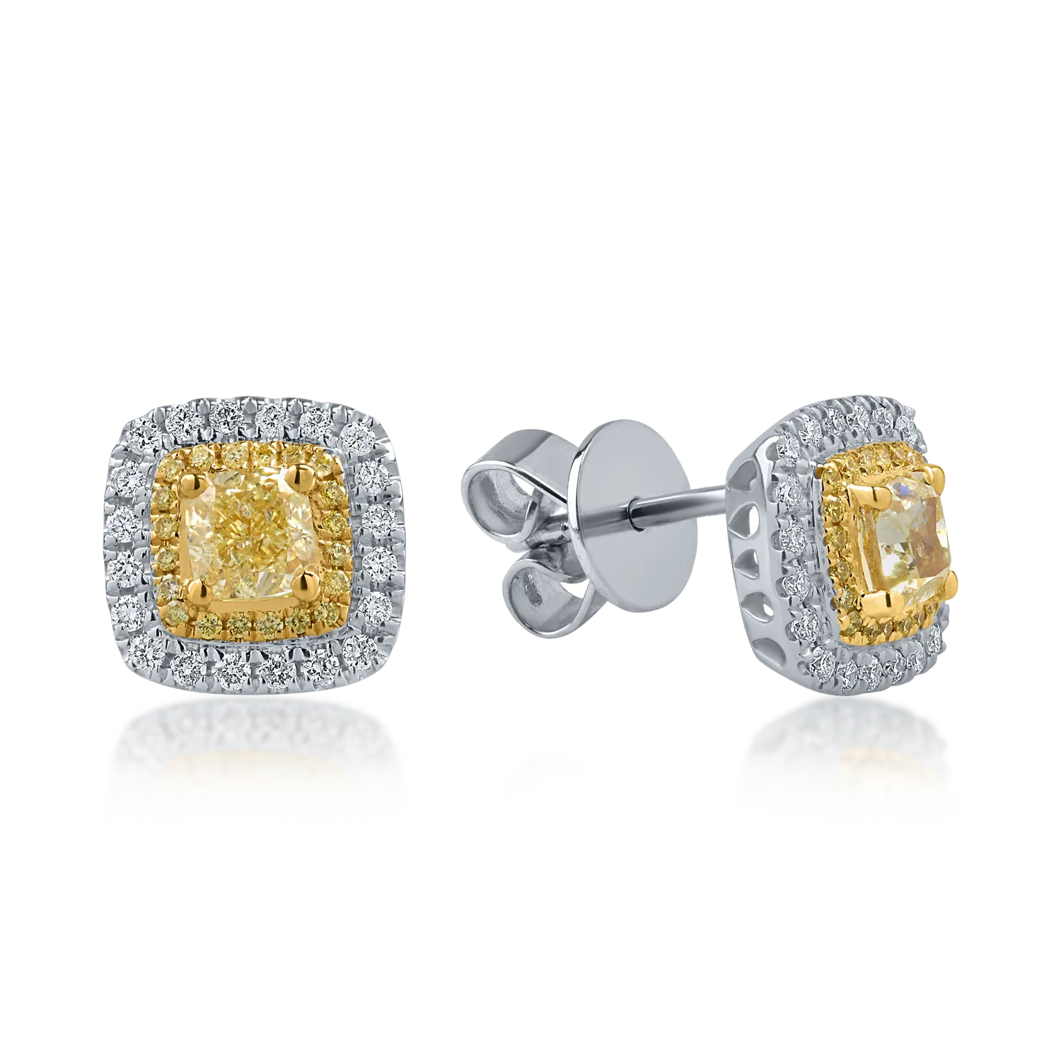 Cercei din aur alb-galben cu diamante galbene de 1.1ct si diamante transparente de 0.26ct
