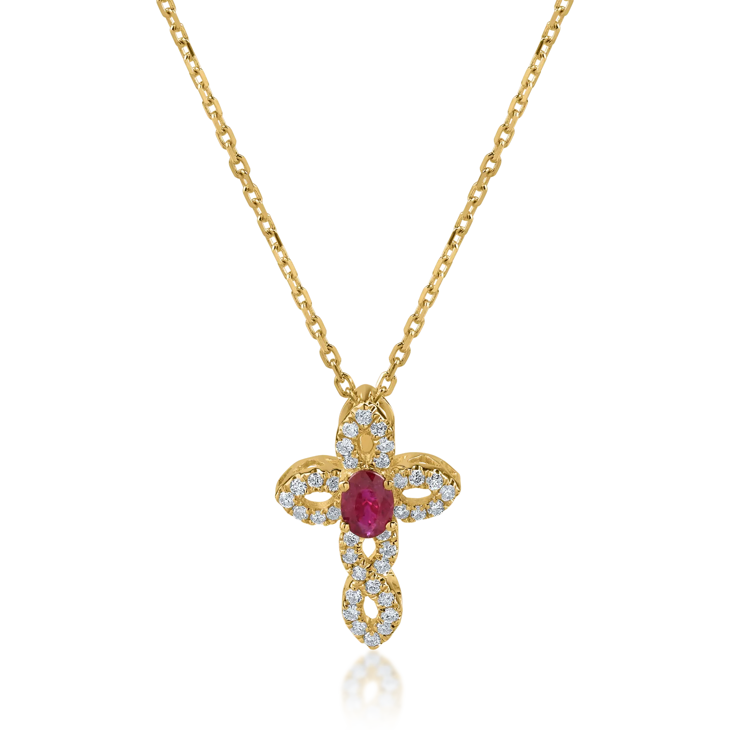Yellow gold cross pendant necklace with 0.22ct ruby ​​and 0.13ct diamonds