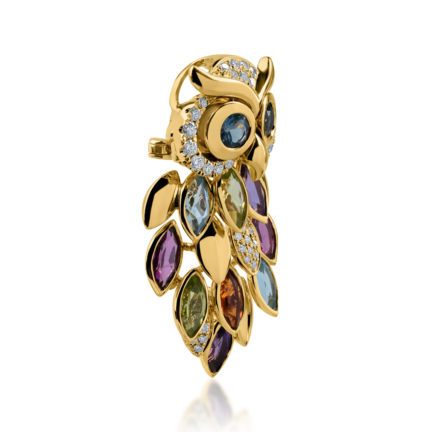 Yellow gold owl brooch with 3.23ct precious and semi-precious stones